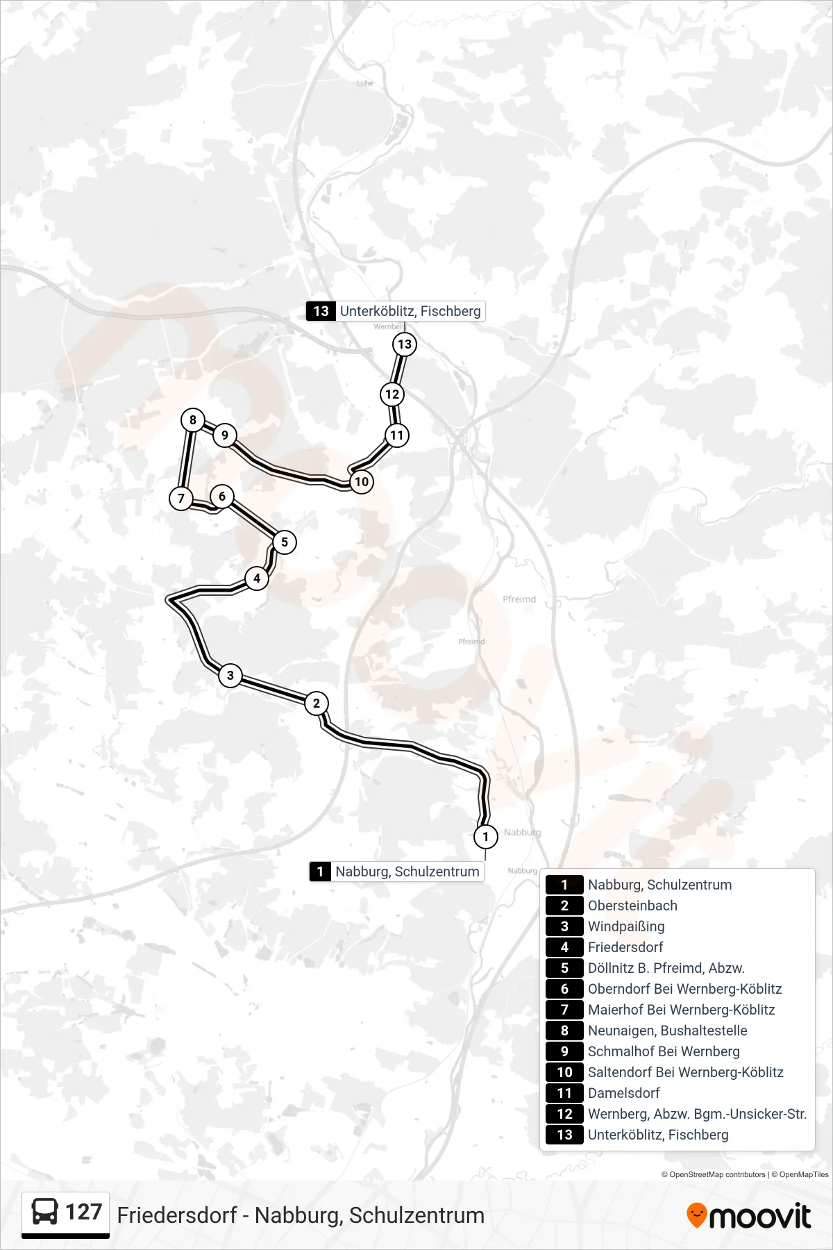 127 bus Line (Unterköblitz, Fischberg) route and stops on a map