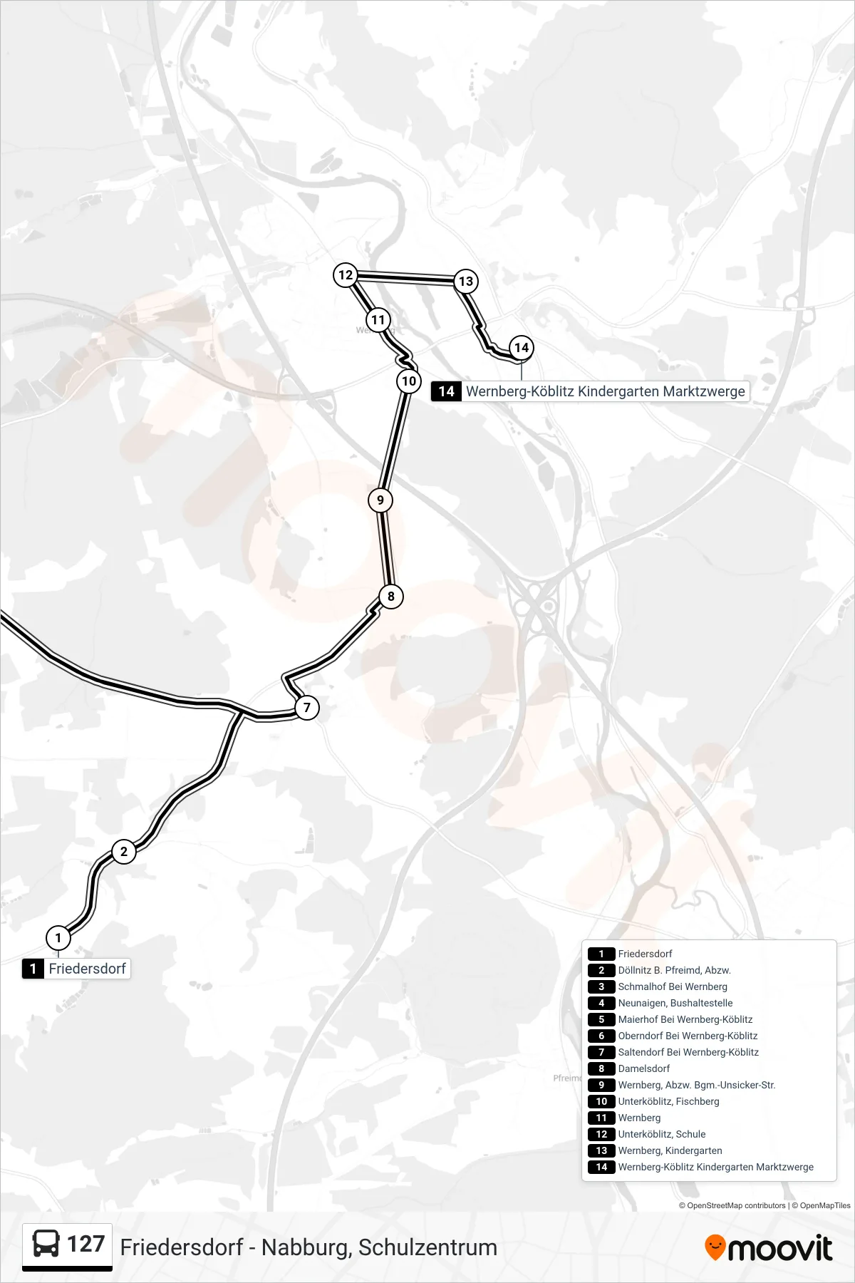 127 bus Line (Wernberg-Köblitz Kindergarten Marktzwerge) route and stops on a map