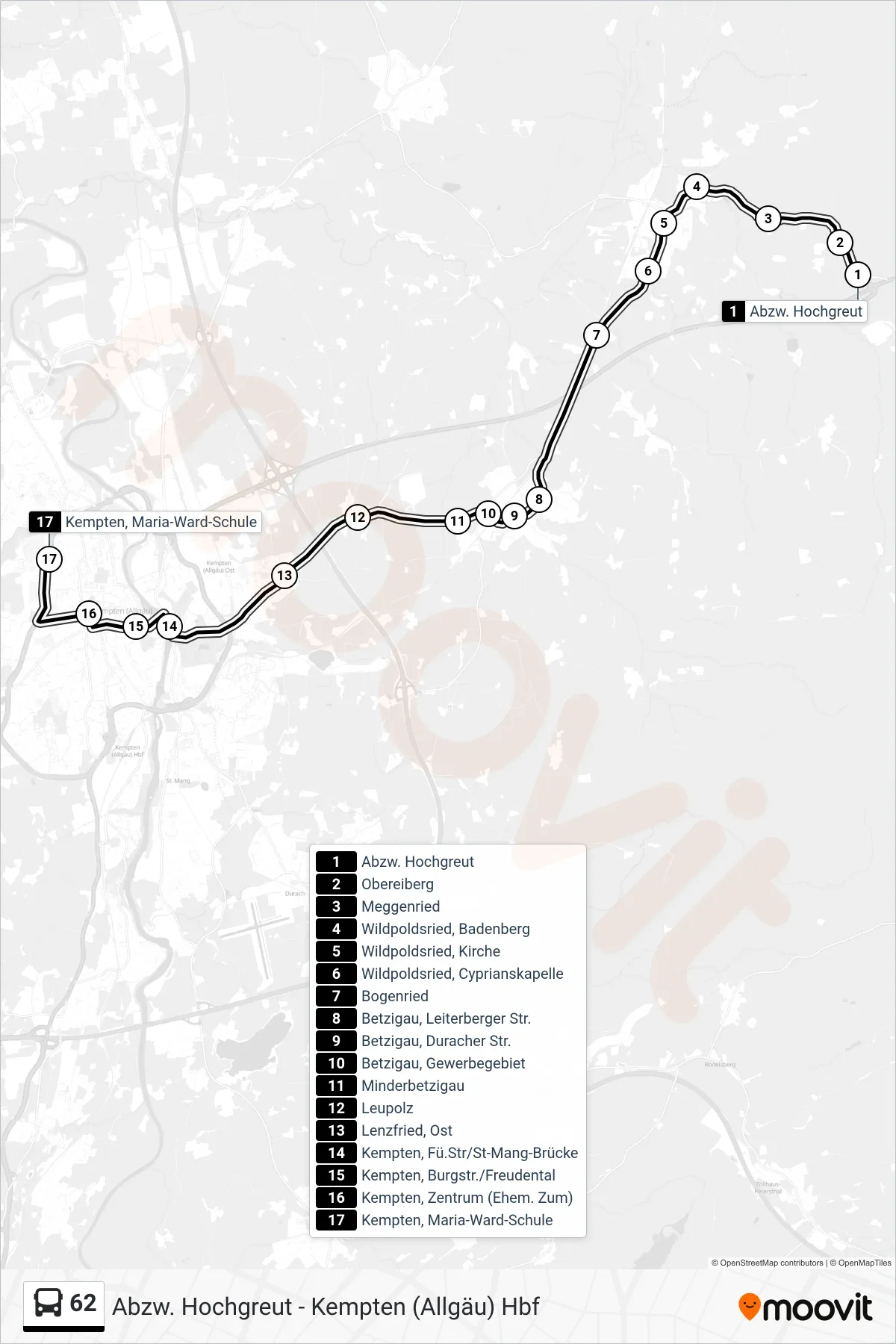 62 bus Line (Kempten, Maria-Ward-Schule) route and stops on a map