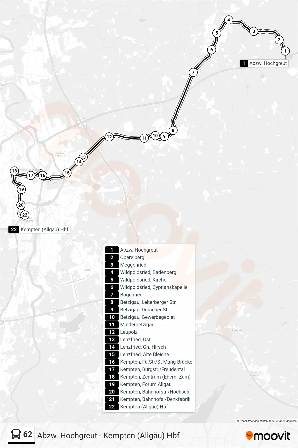 Linie 62 (Bus) Richtung Kempten Hauptbahnhof: Route und Haltestellen auf der Karte