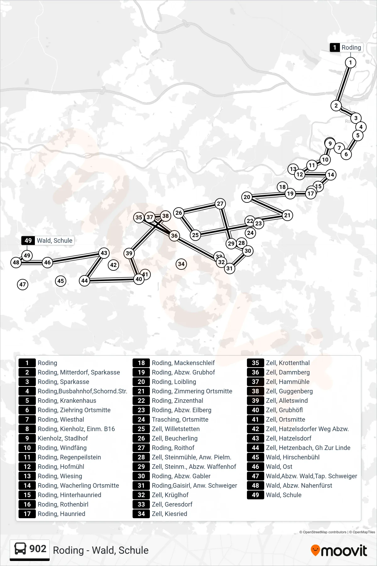 902 bus Line (Wald, Schule) route and stops on a map