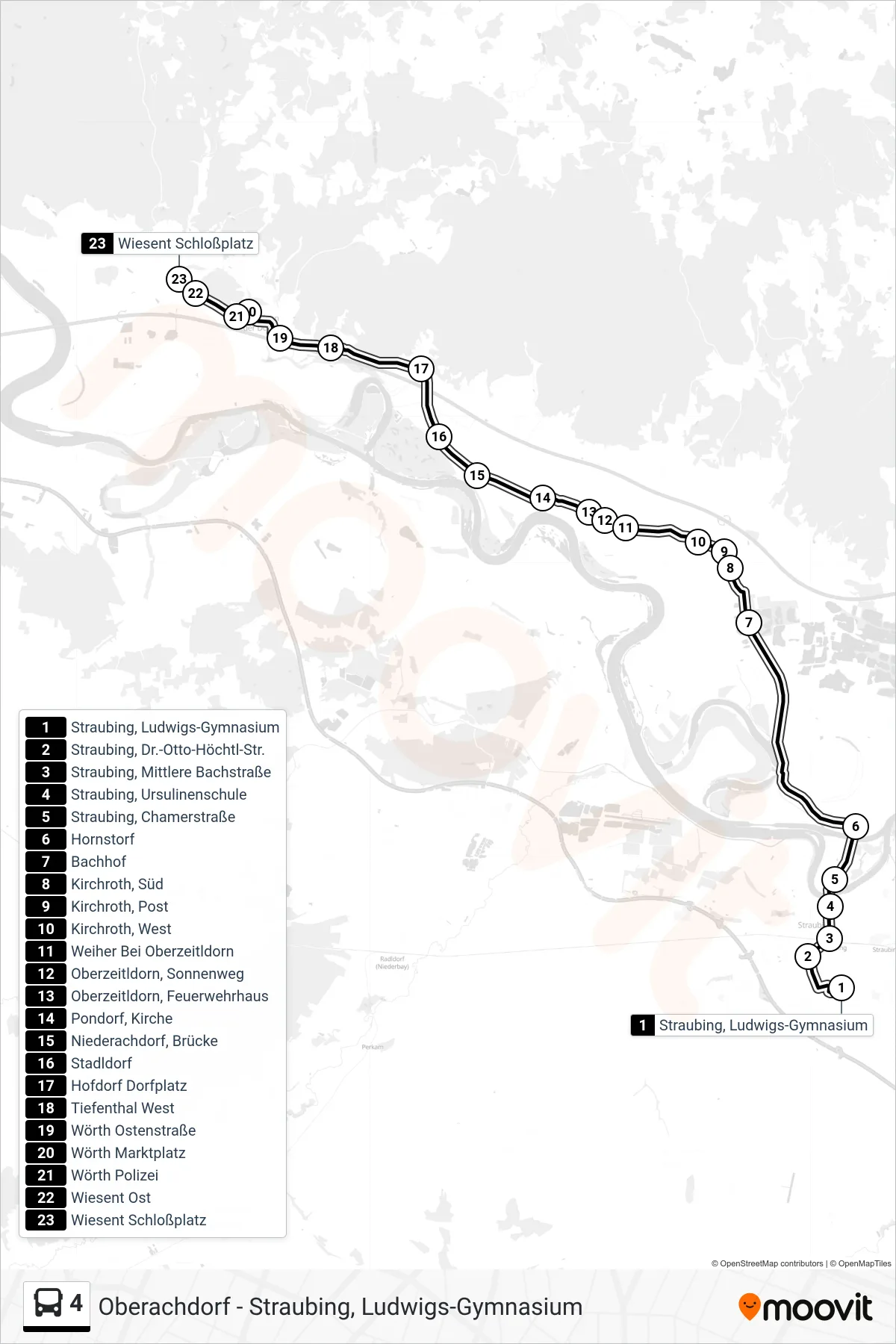 Linie 4 (Bus) Richtung Wiesent: Route und Haltestellen auf der Karte