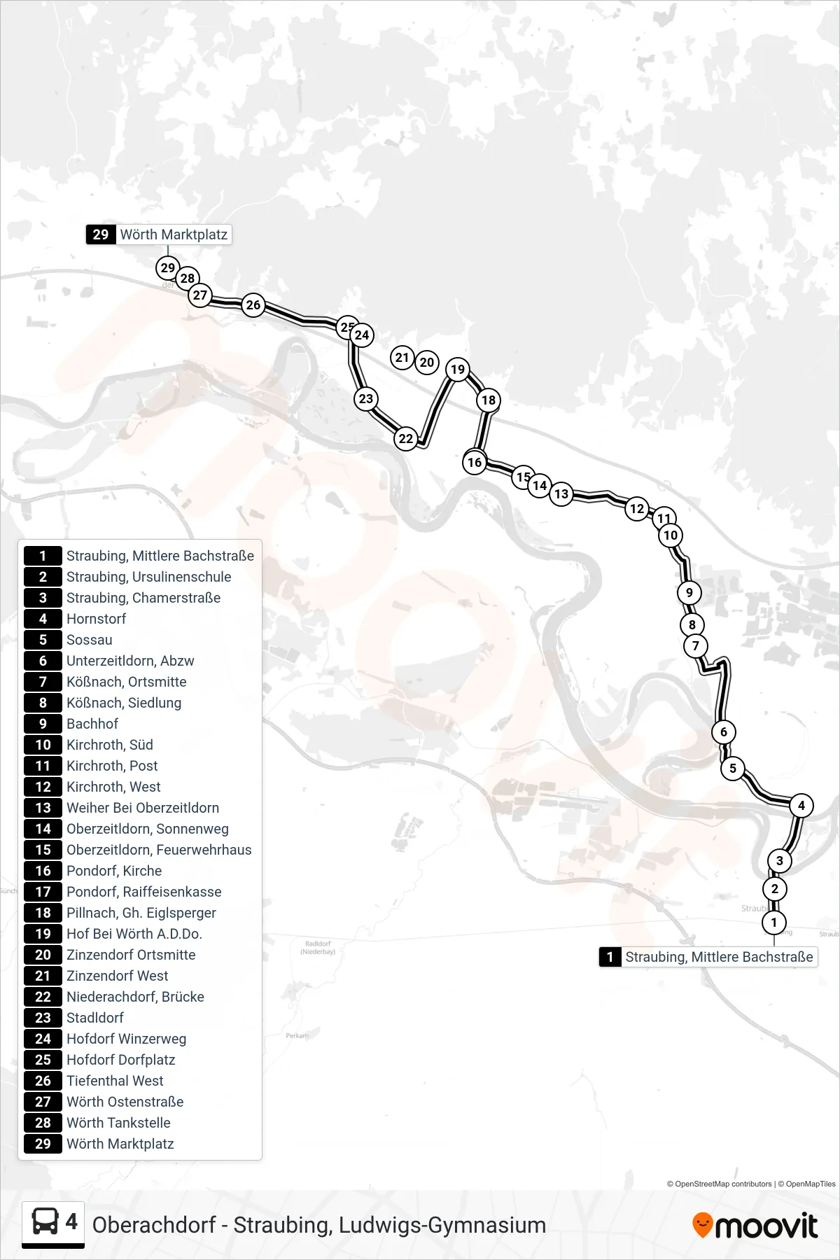 Linie 4 (Bus) Richtung Wörth (Donau) ; Marktplatz: Route und Haltestellen auf der Karte