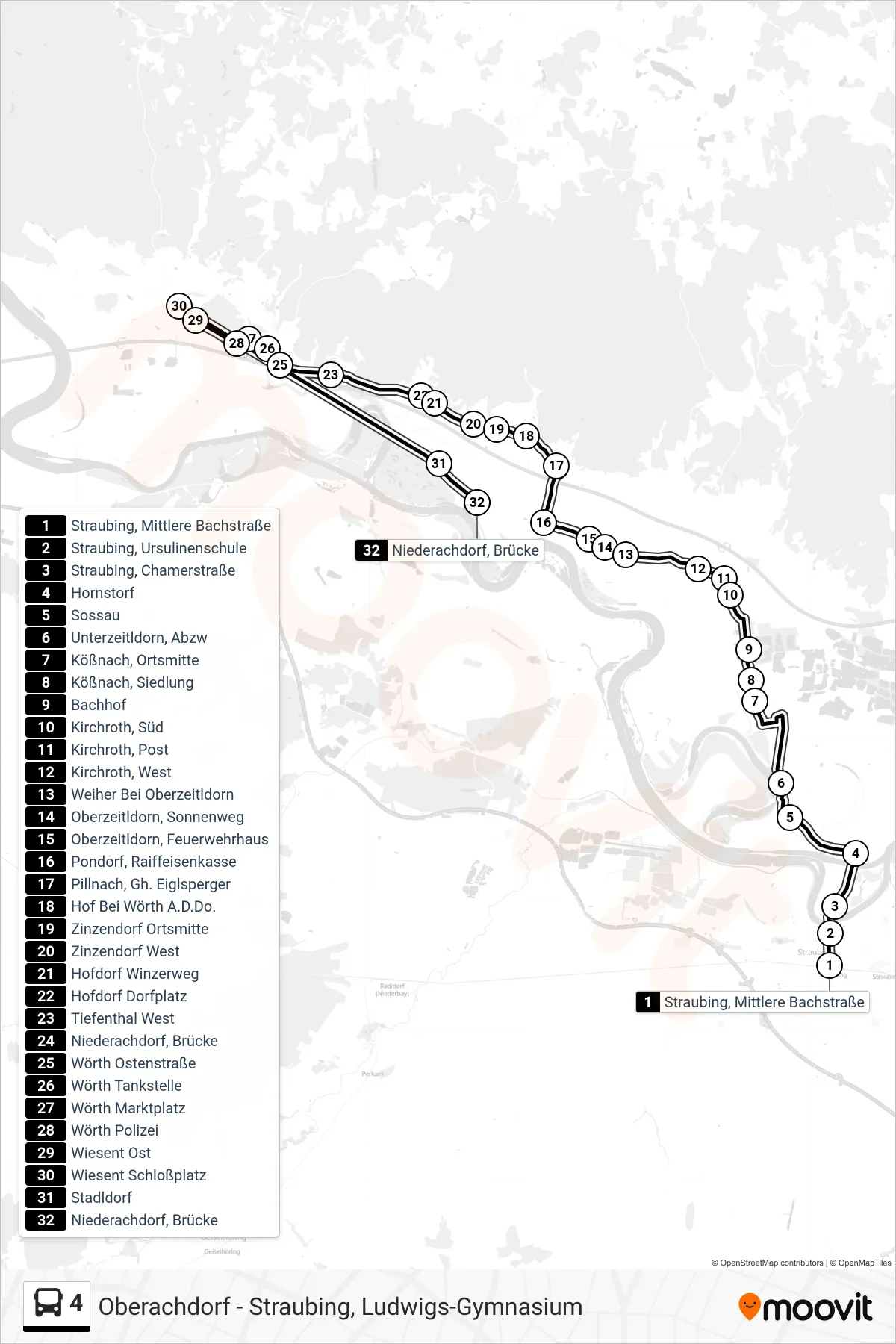 4 bus Line (Niederachdorf) route and stops on a map