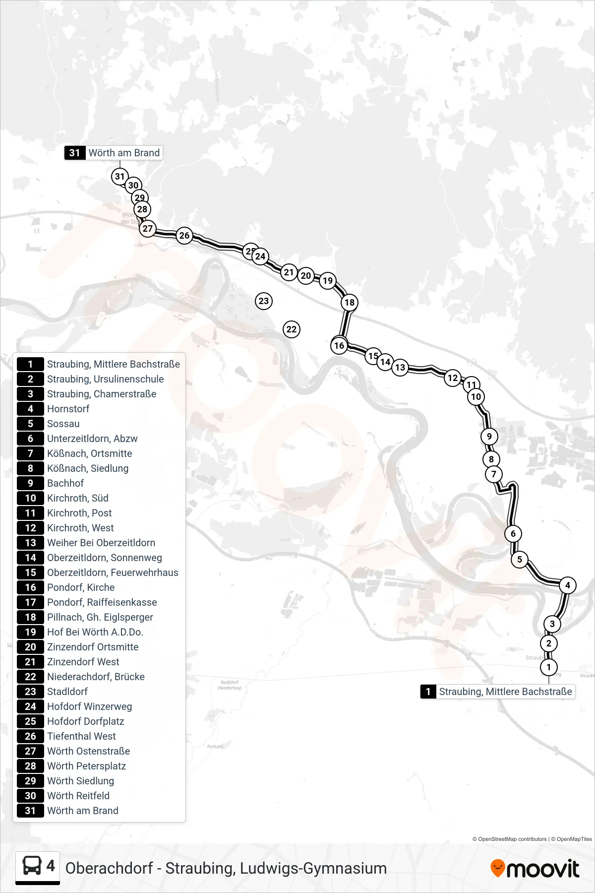 4 bus Line (Wörth A.D. Donau; Reitfeld) route and stops on a map