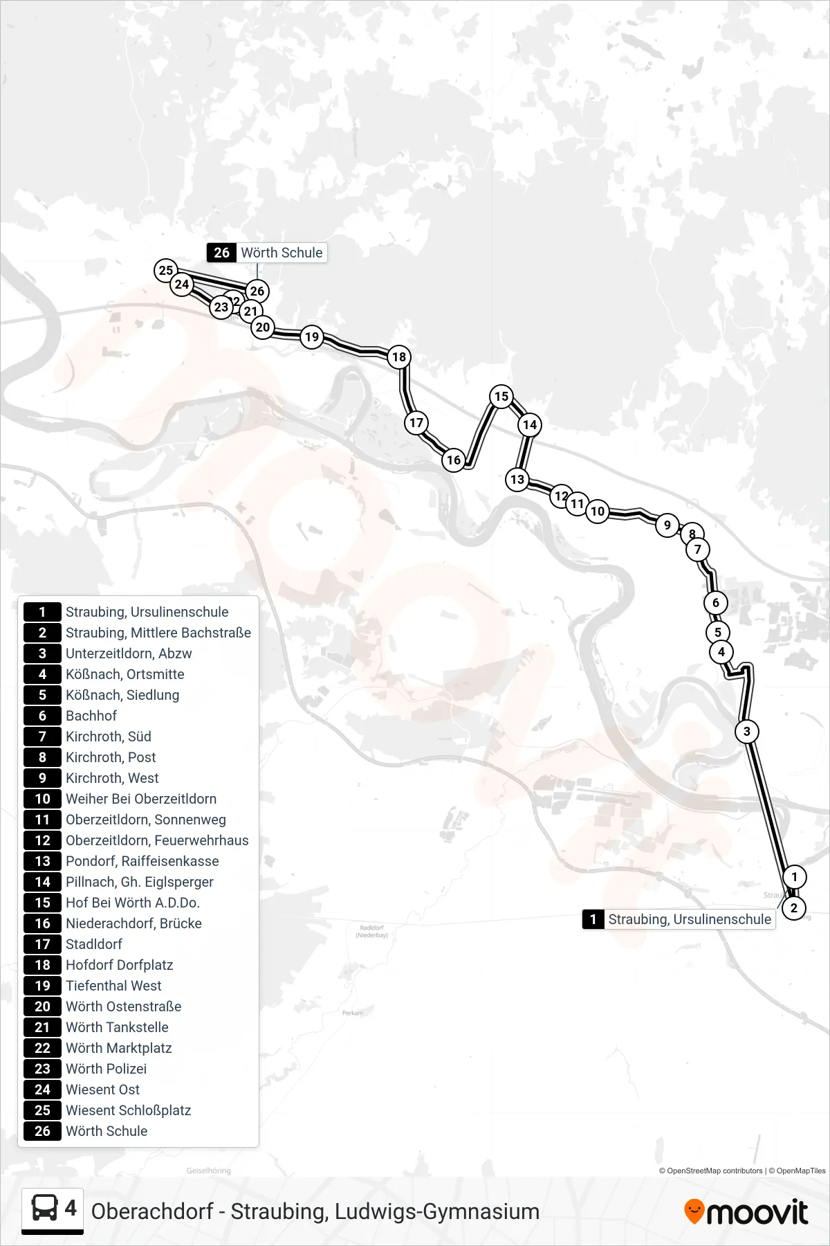 4 bus Line (Wörth/Do Schule) route and stops on a map
