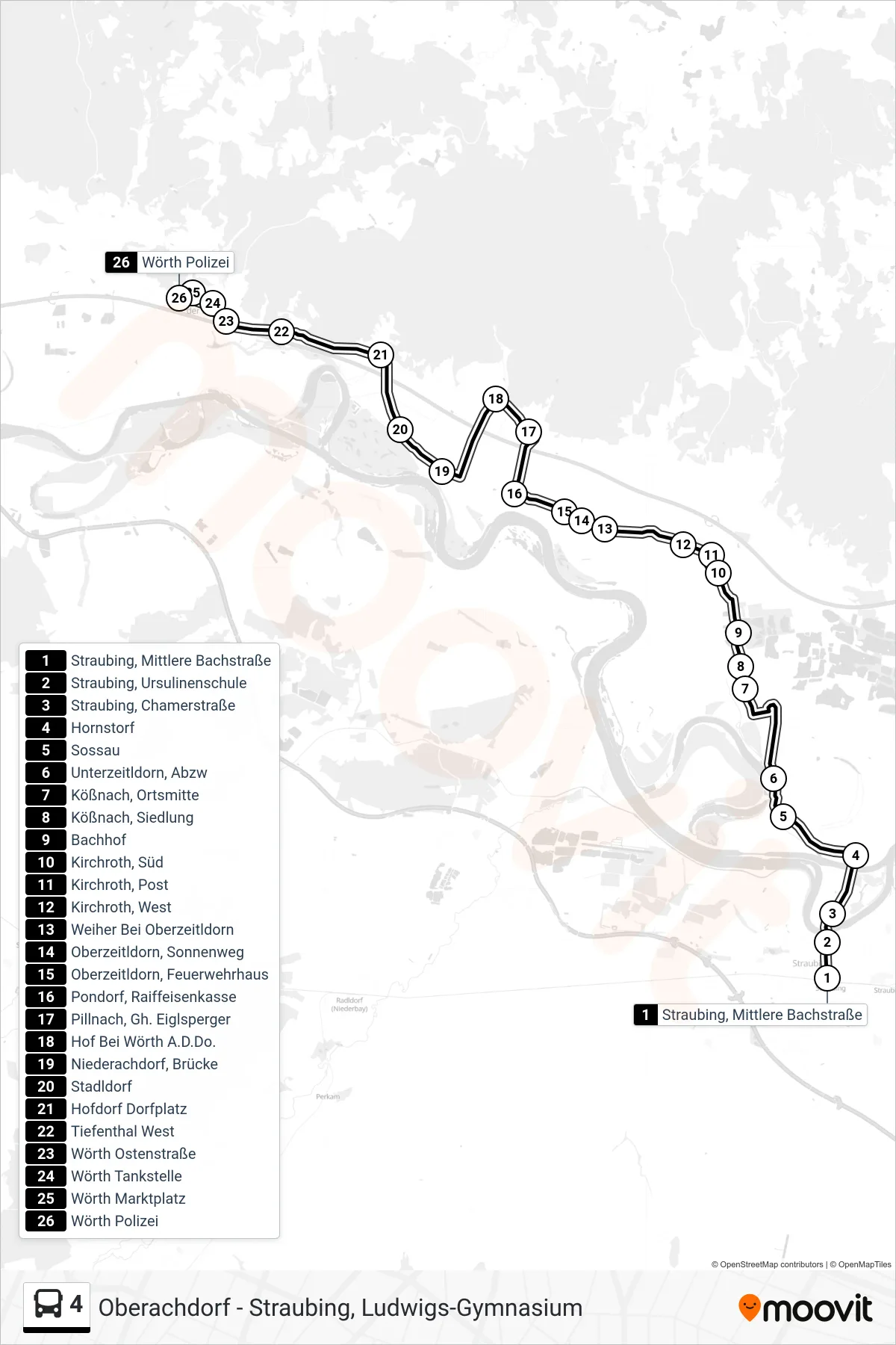 4 bus Line (Wörth A.D.D. Polizei) route and stops on a map