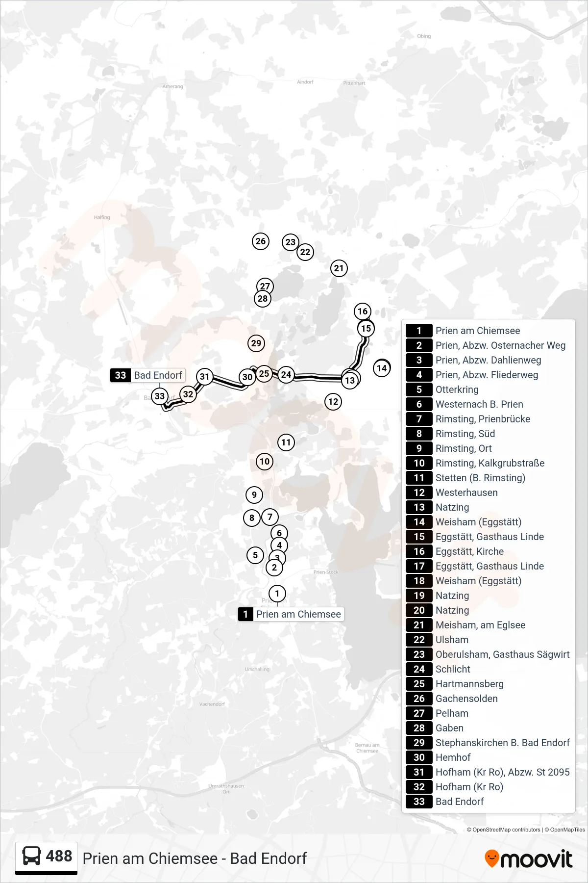 488 bus Line (Bad Endorf) route and stops on a map