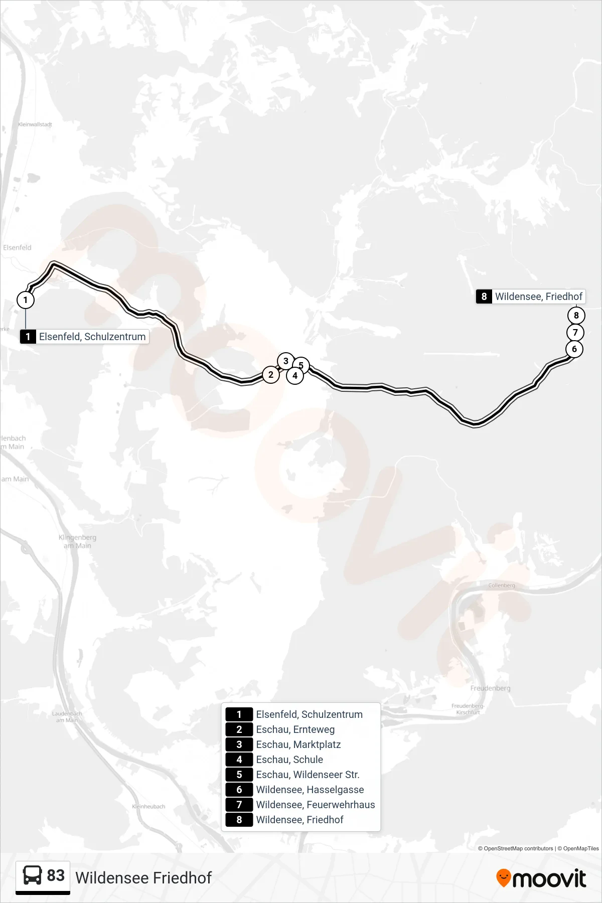 83 bus Line (Wildensee Friedhof) route and stops on a map