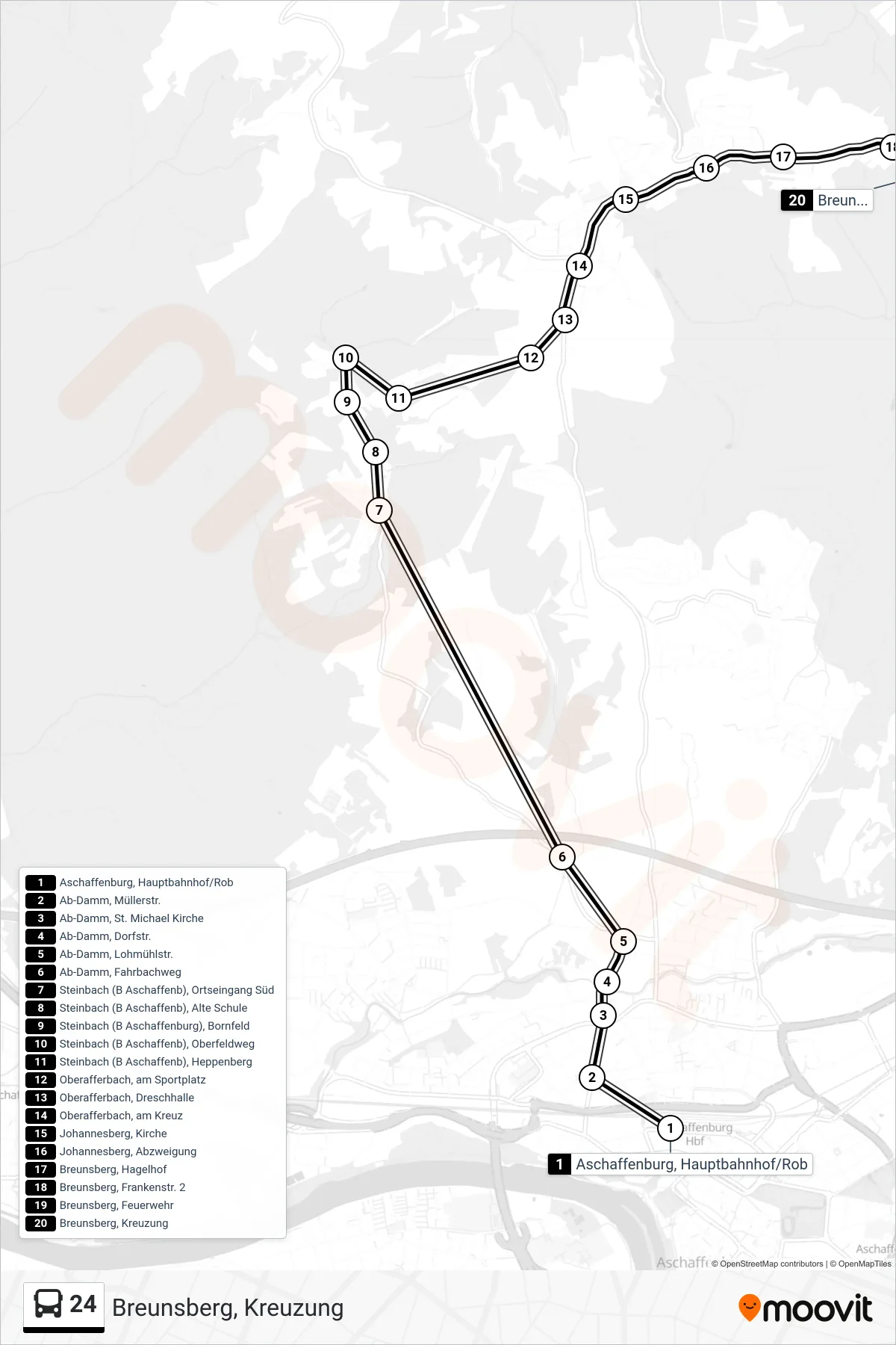 24 bus Line (Breunsberg, Kreuzung) route and stops on a map