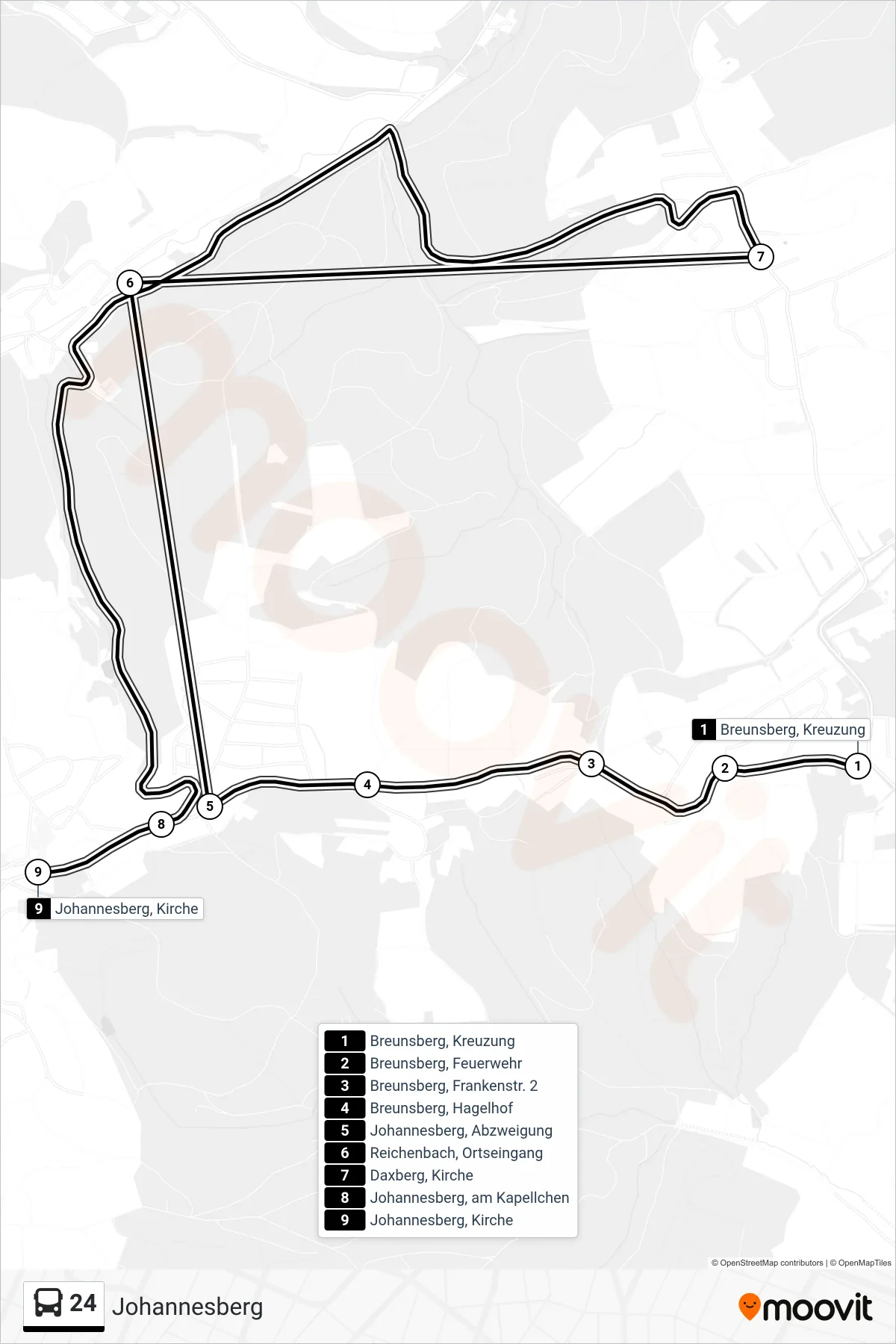 24 bus Line (Johannesberg) route and stops on a map