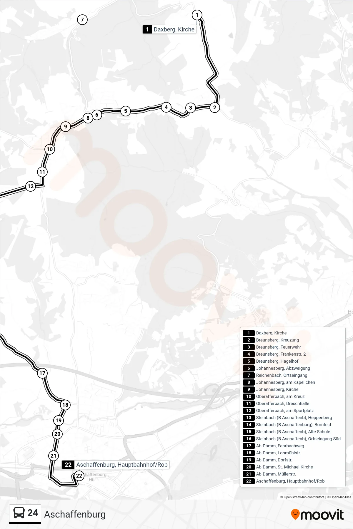 24 bus Line (Aschaffenburg) route and stops on a map
