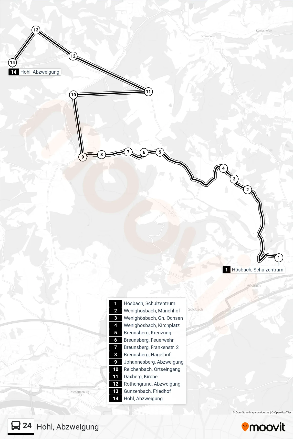 24 bus Line (Hohl, Abzweigung) route and stops on a map