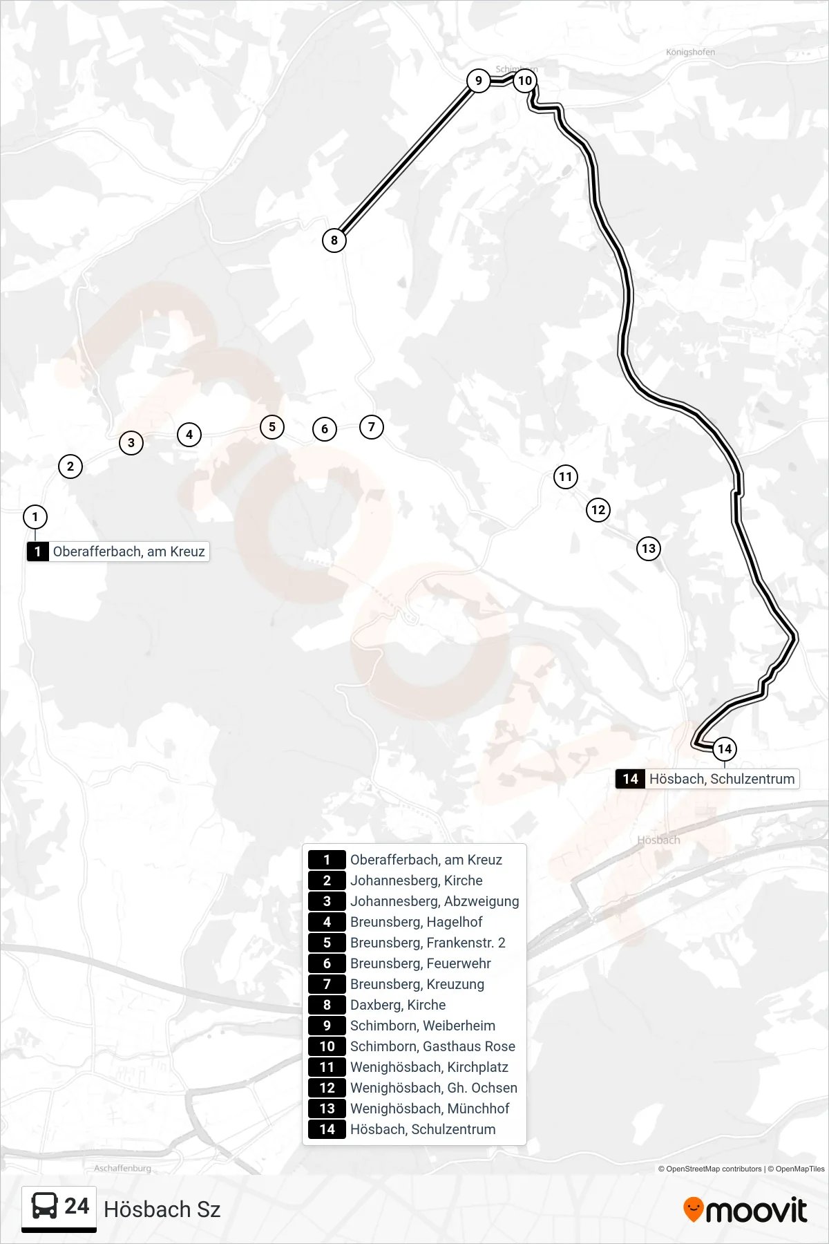 24 bus Line (Hösbach Sz) route and stops on a map