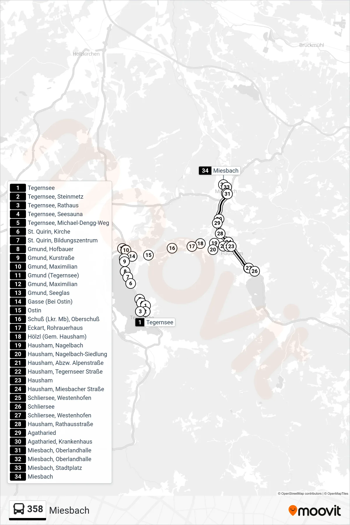 358 bus Line (Miesbach) route and stops on a map