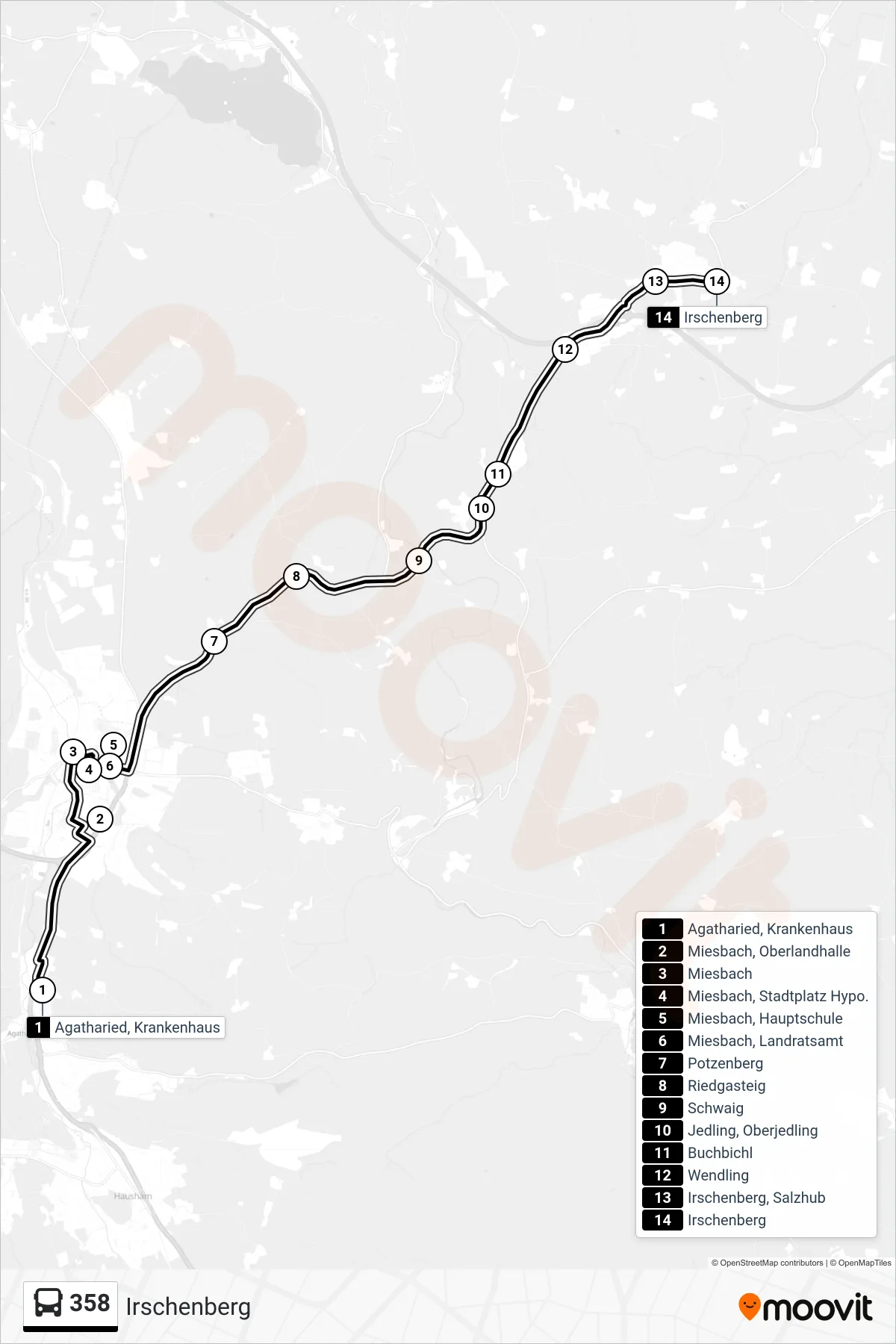 358 bus Line (Irschenberg) route and stops on a map
