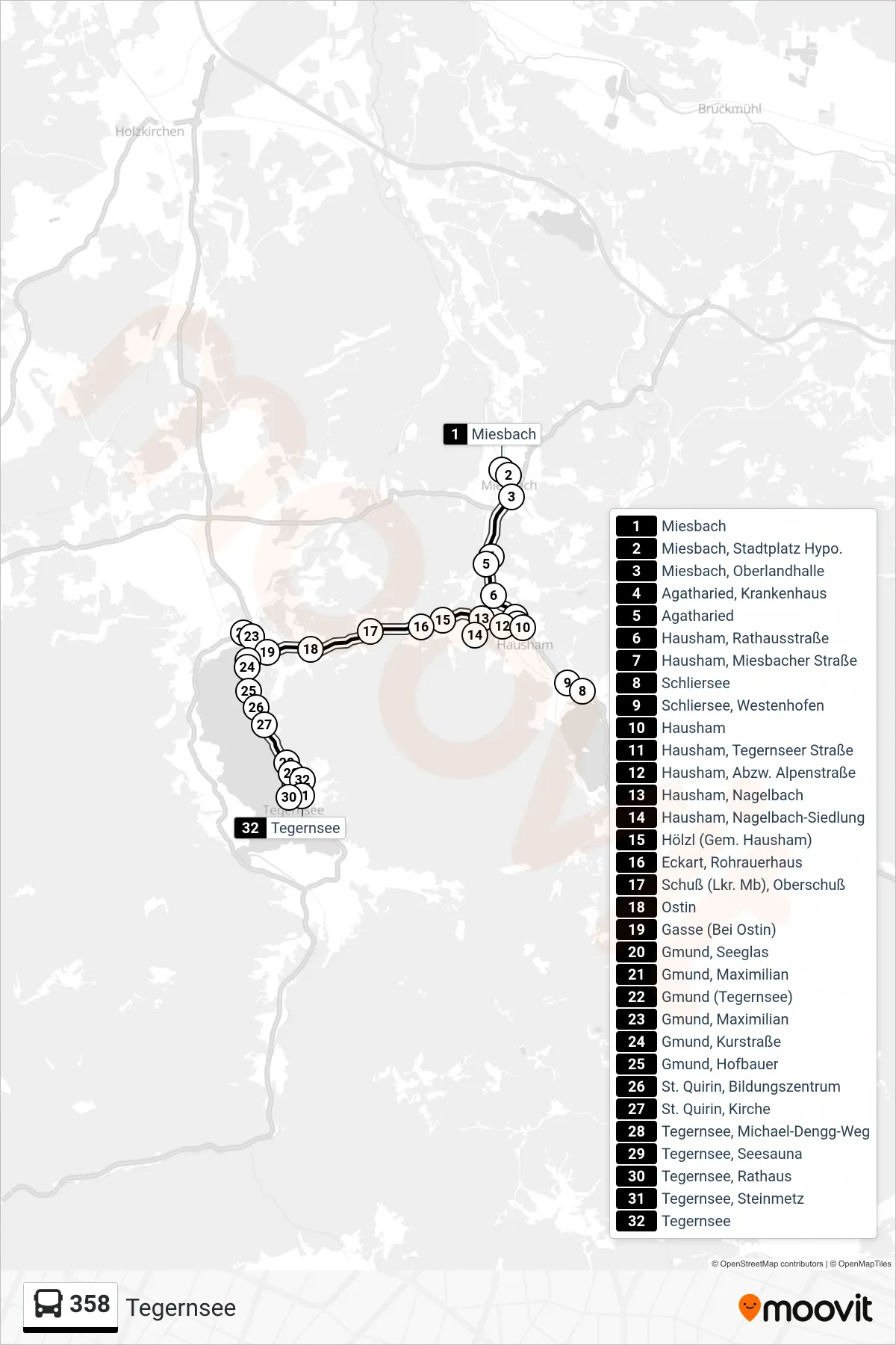 358 bus Line (Tegernsee) route and stops on a map