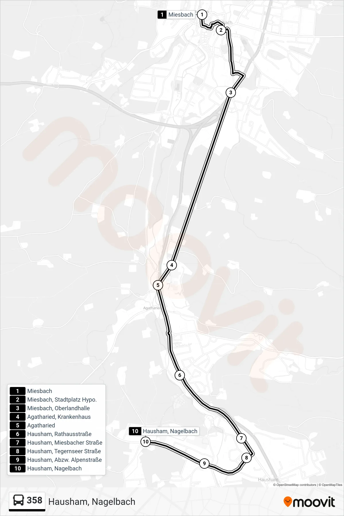 358 bus Line (Hausham, Nagelbach) route and stops on a map