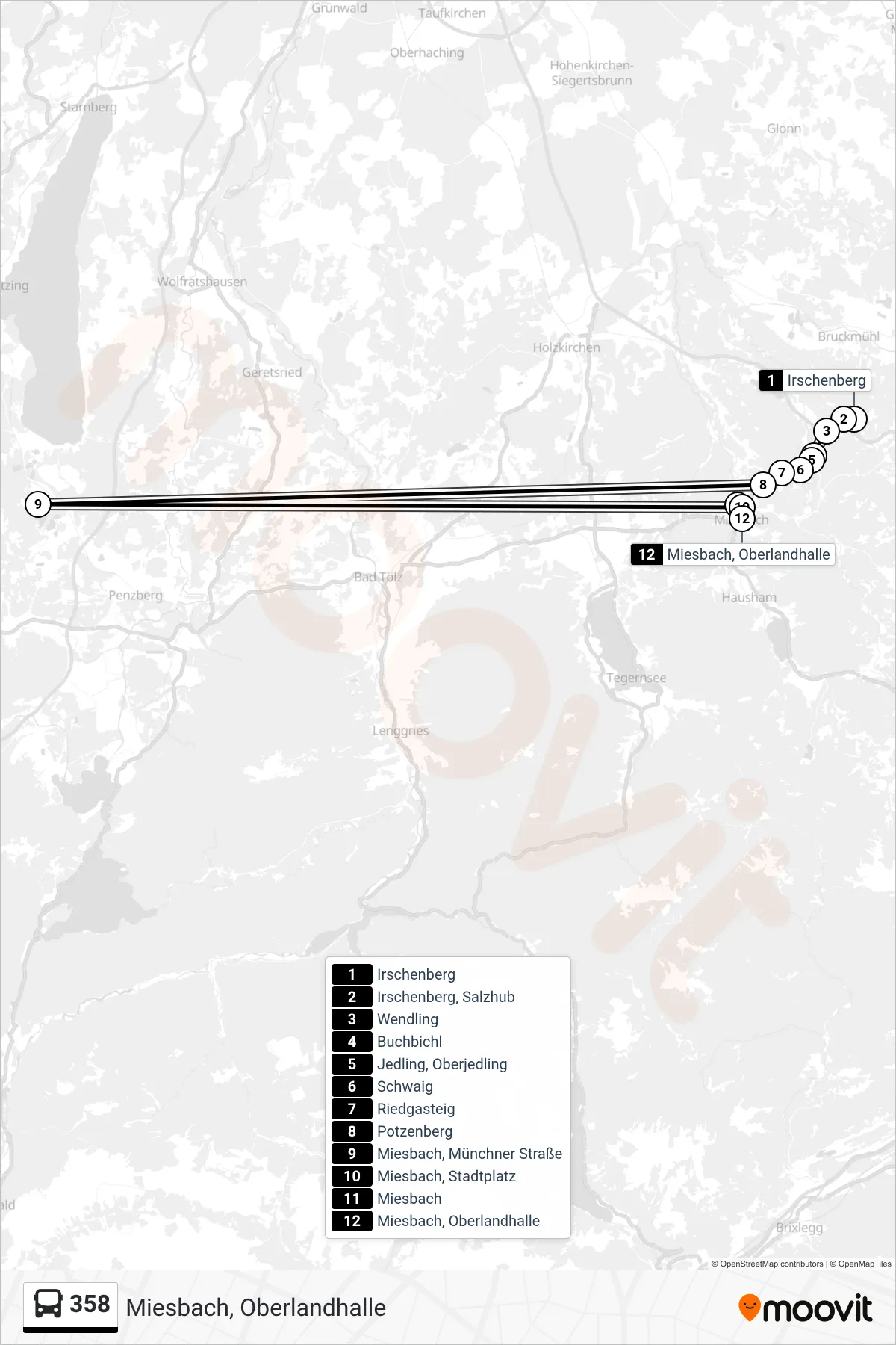 358 bus Line (Miesbach, Oberlandhalle) route and stops on a map