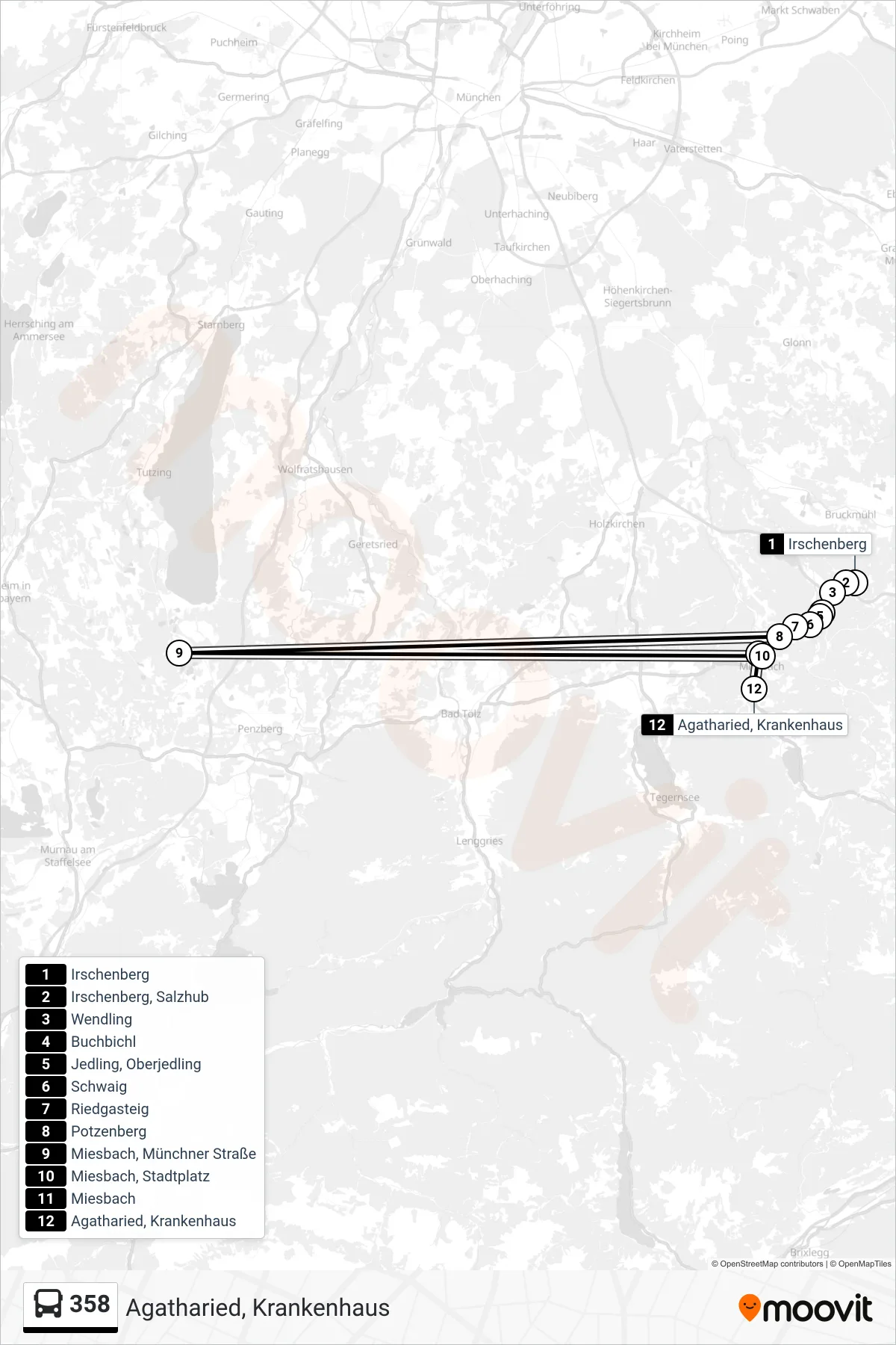 358 bus Line (Agatharied, Krankenhaus) route and stops on a map