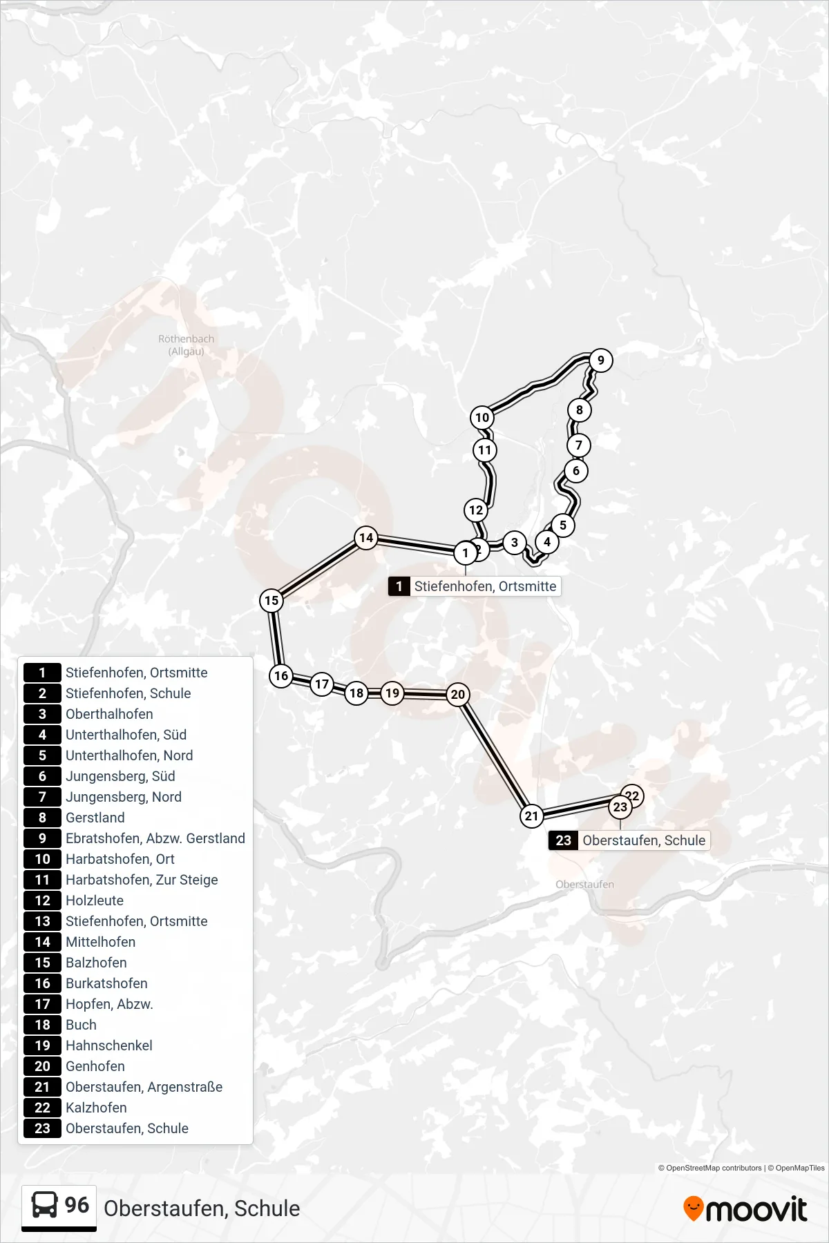 96 bus Line (Oberstaufen, Schule) route and stops on a map