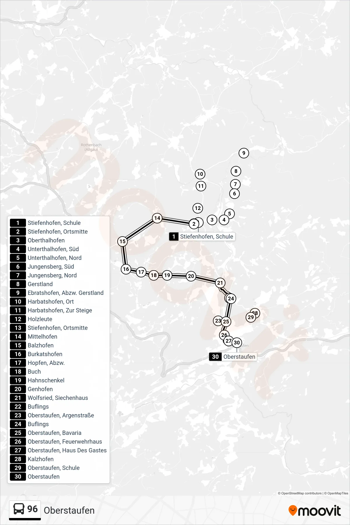 96 bus Line (Oberstaufen) route and stops on a map