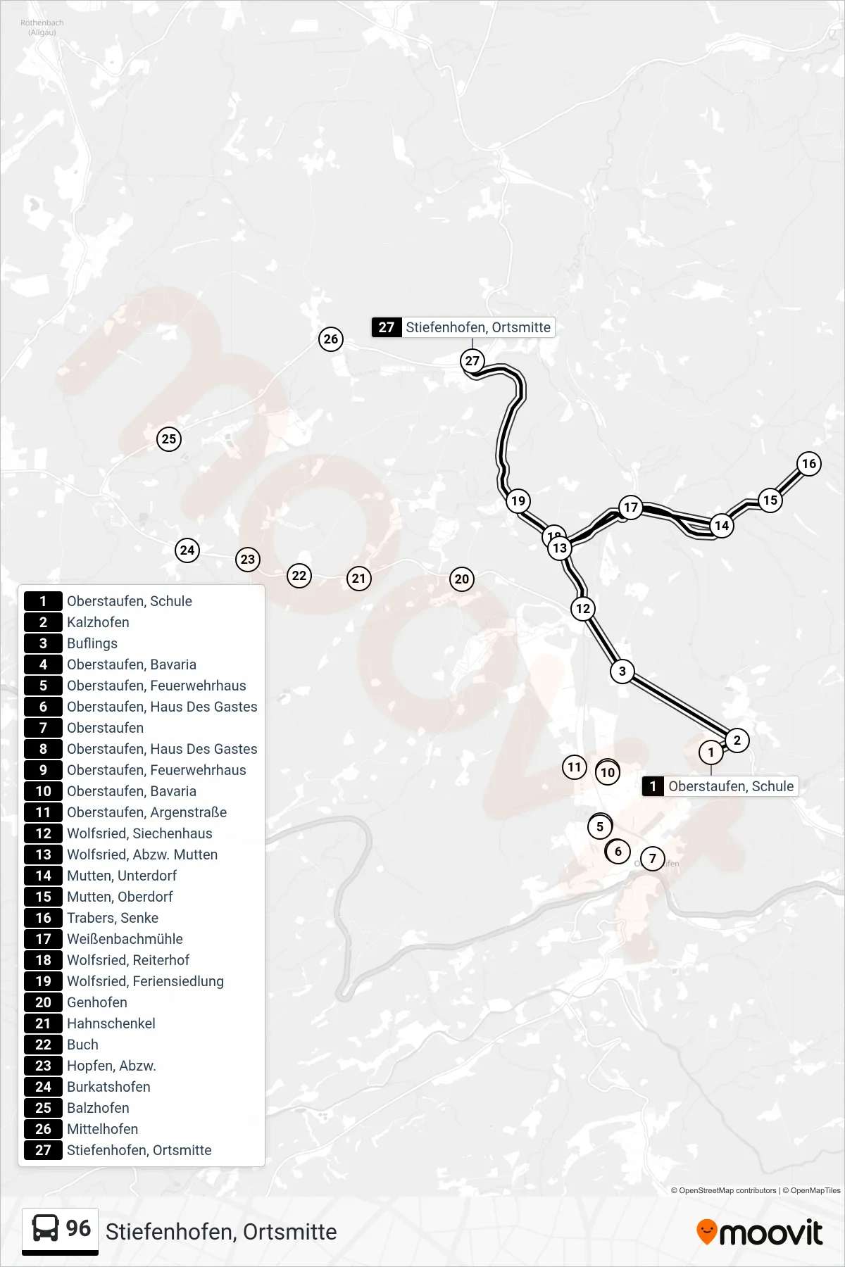 96 bus Line (Stiefenhofen, Ortsmitte) route and stops on a map