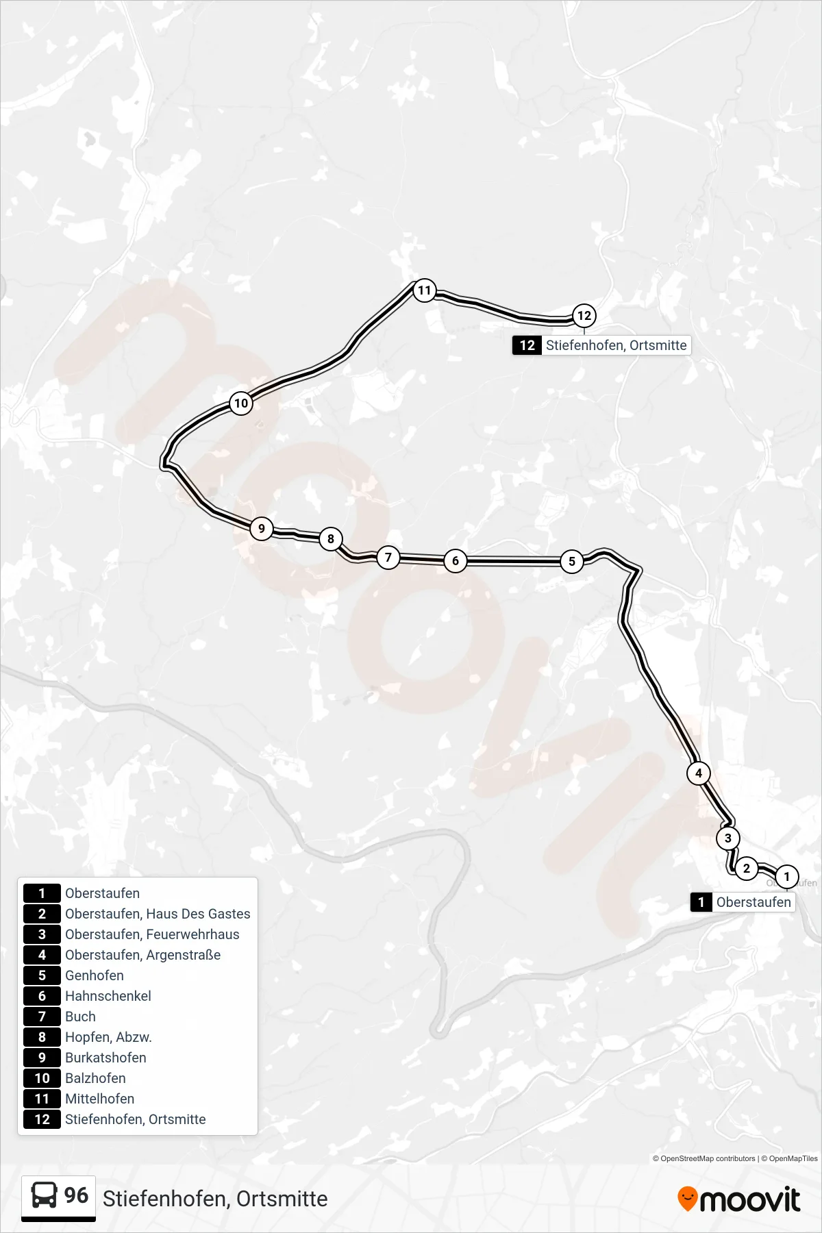 96 bus Line (Stiefenhofen, Ortsmitte) route and stops on a map