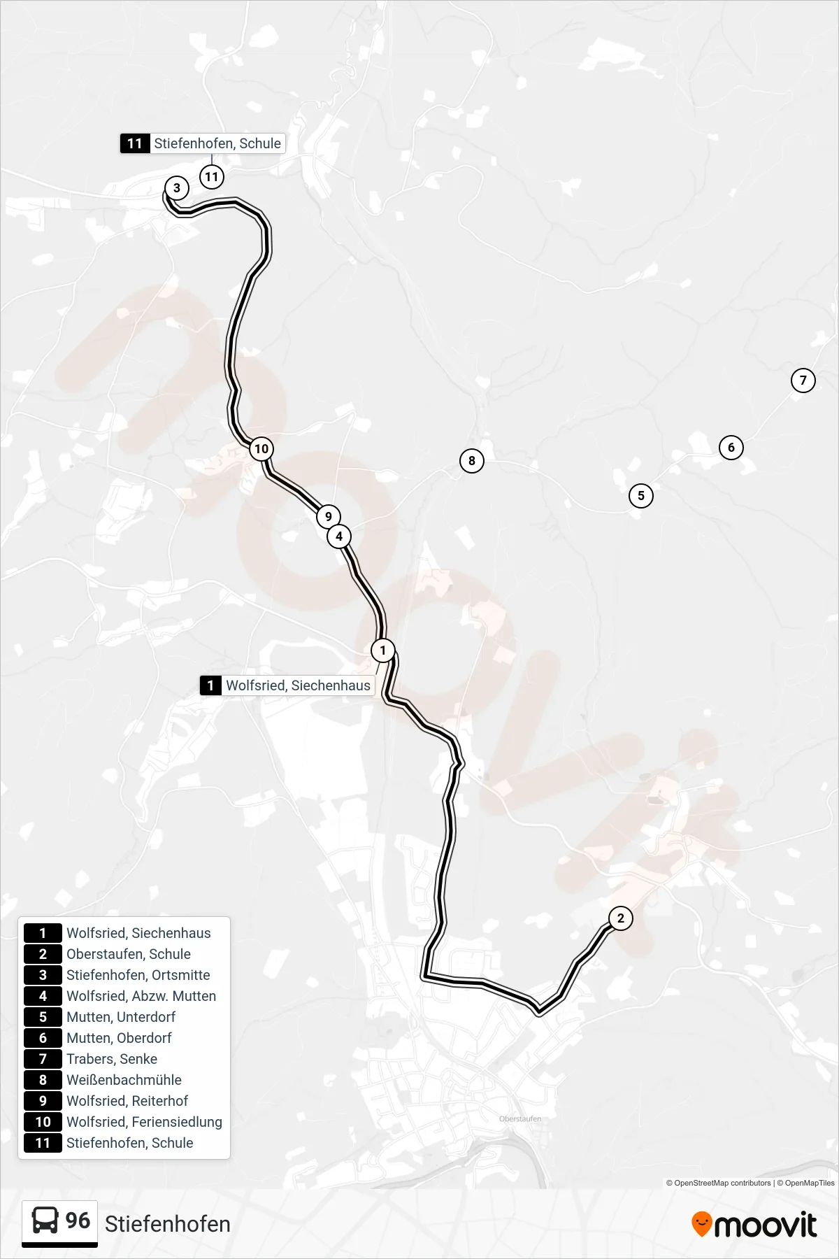 96 bus Line (Stiefenhofen) route and stops on a map