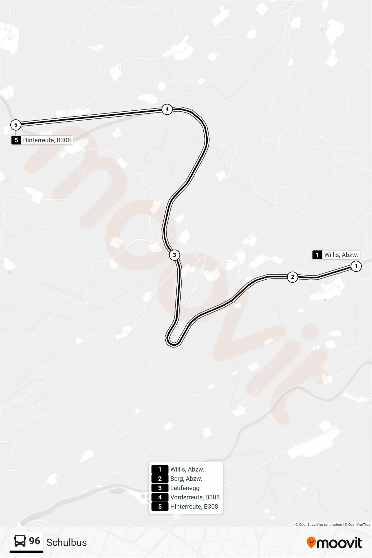 96 bus Line (Schulbus) route and stops on a map