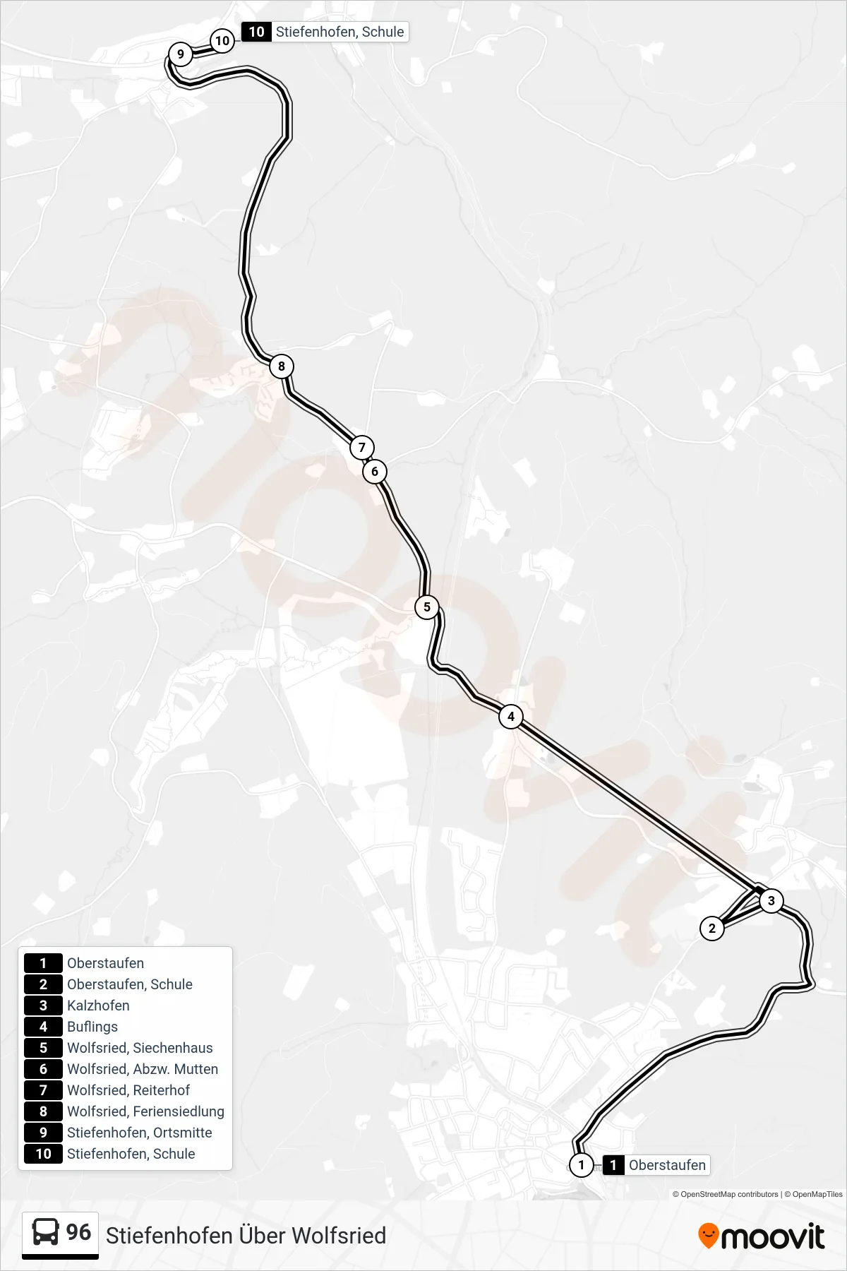96 bus Line (Stiefenhofen Über Wolfsried) route and stops on a map