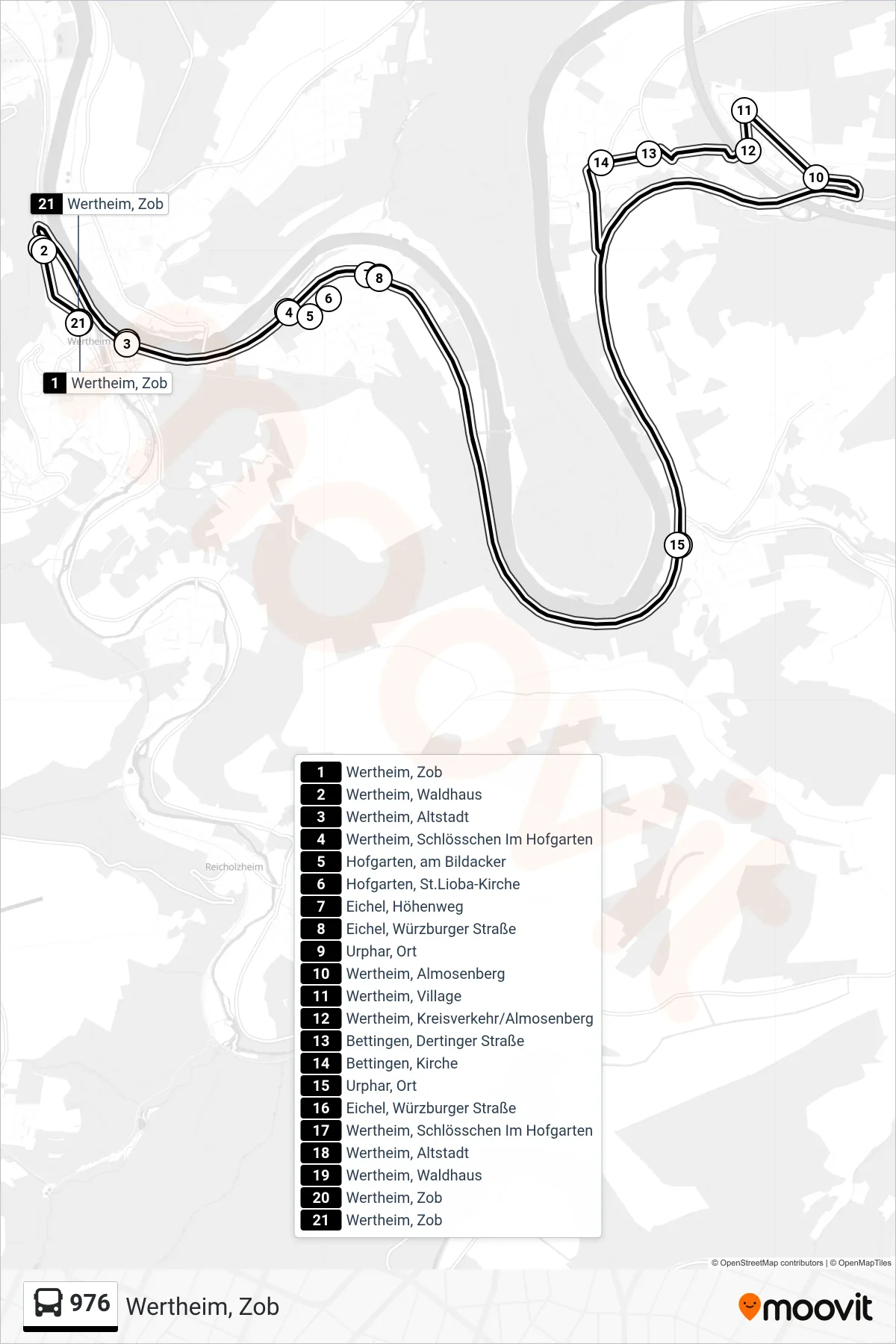 976 bus Line (Wertheim, Zob) route and stops on a map