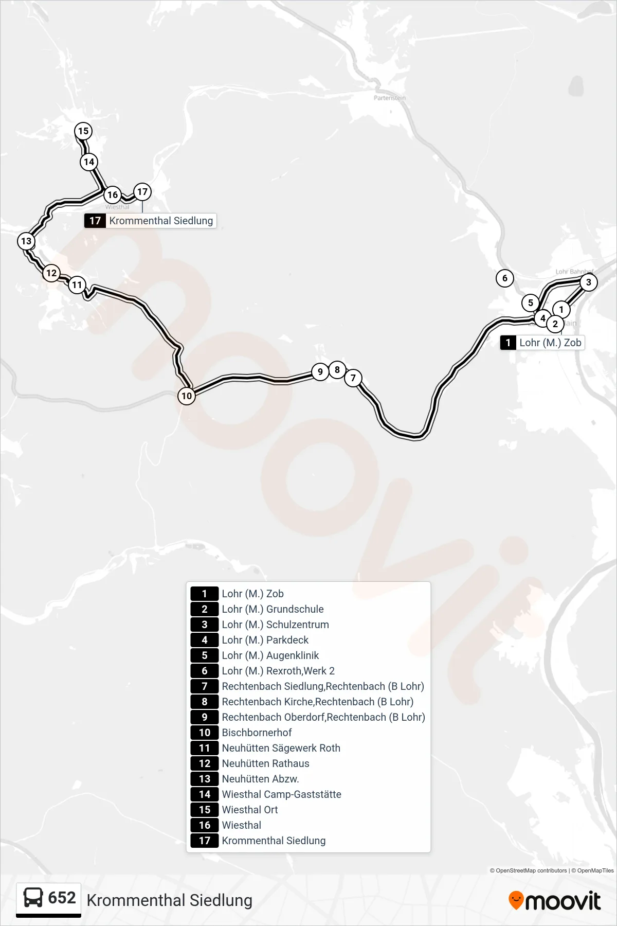 652 bus Line (Krommenthal Siedlung) route and stops on a map