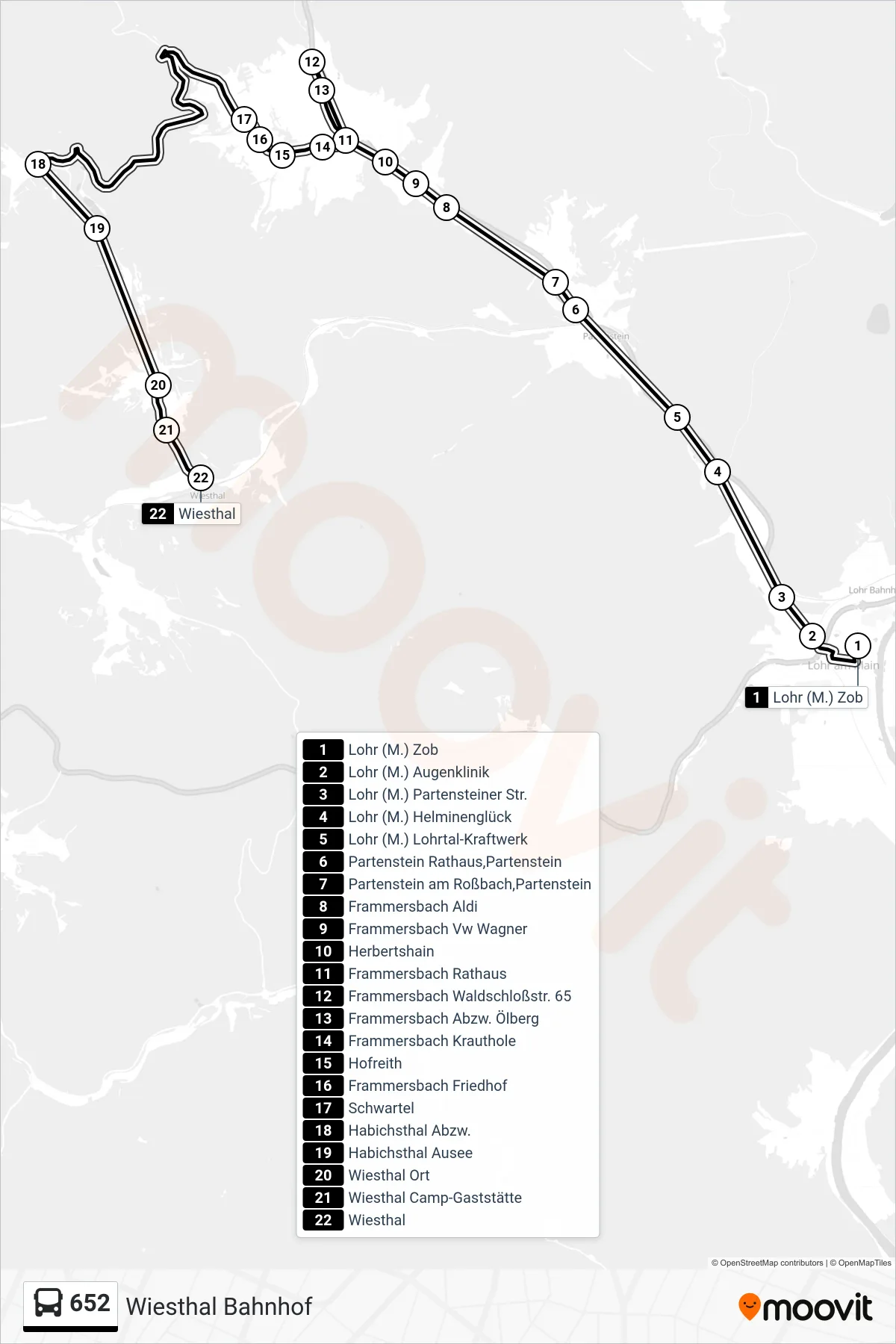 652 bus Line (Wiesthal Bahnhof) route and stops on a map