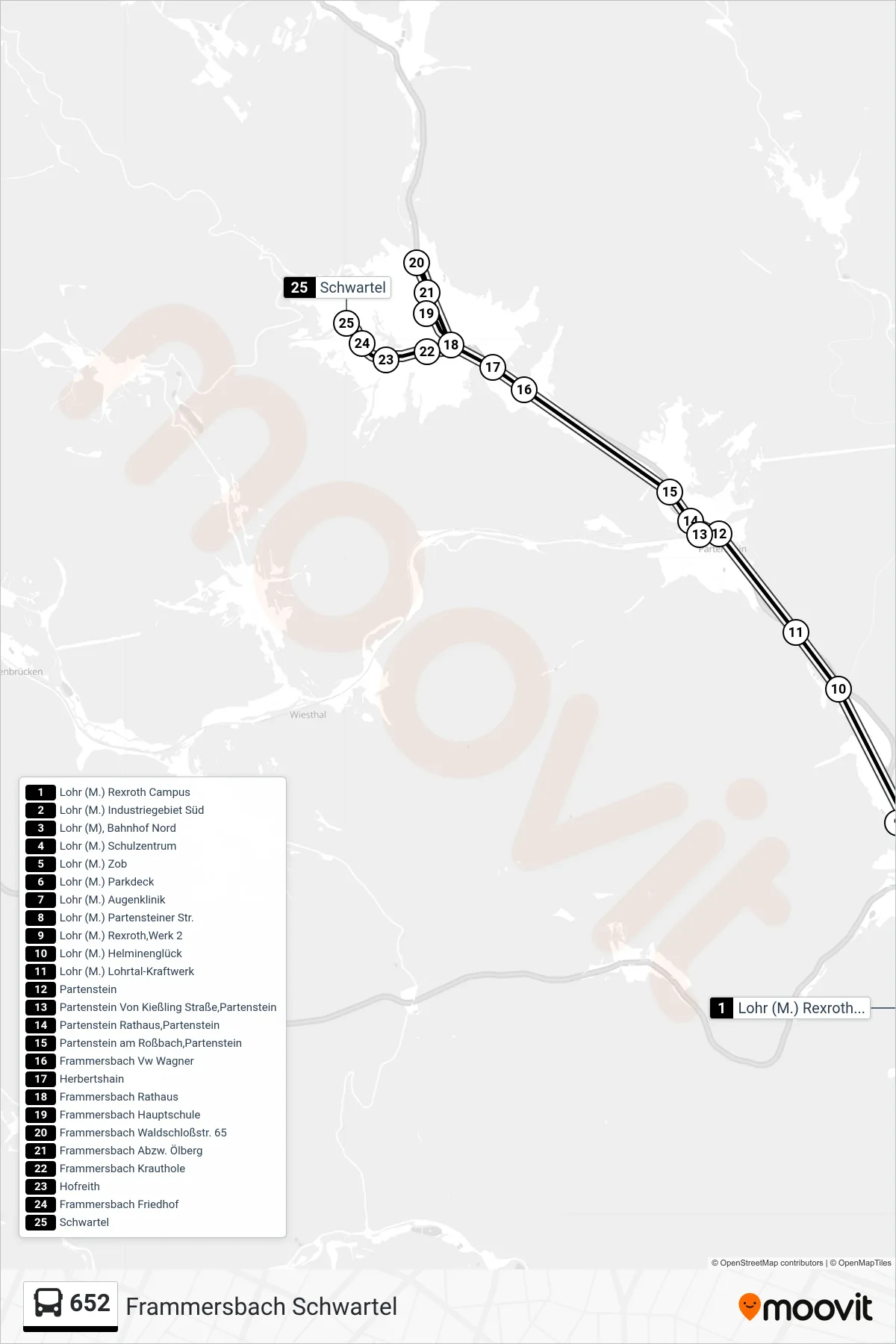 652 bus Line (Frammersbach Schwartel) route and stops on a map