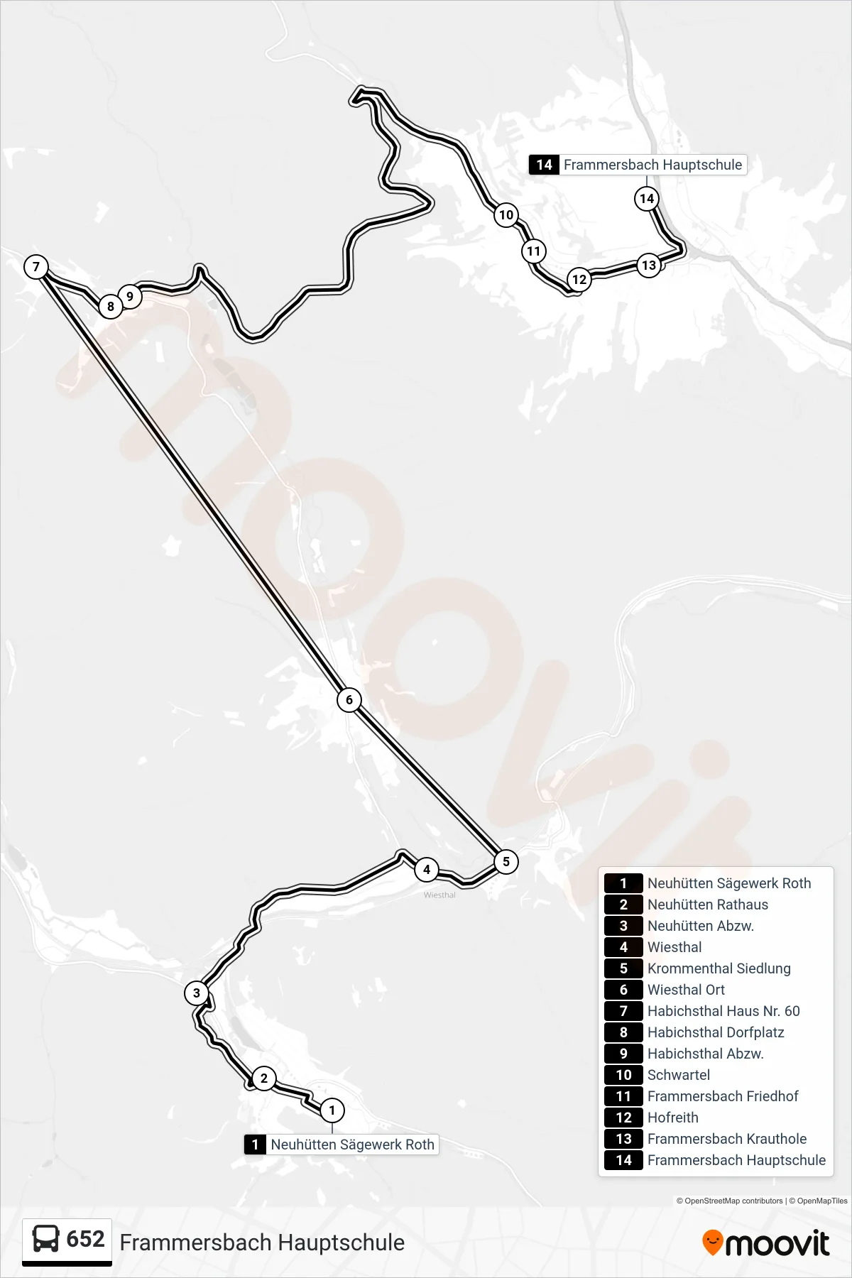 652 bus Line (Frammersbach Hauptschule) route and stops on a map