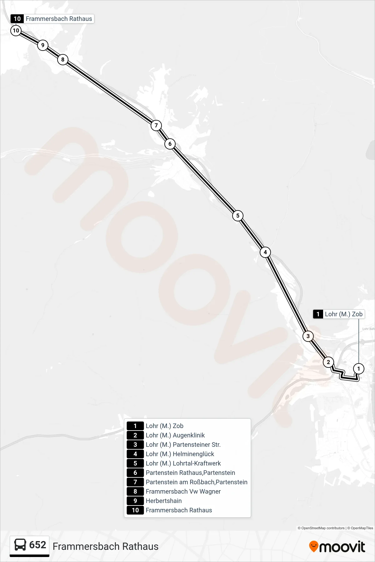 652 bus Line (Frammersbach Rathaus) route and stops on a map