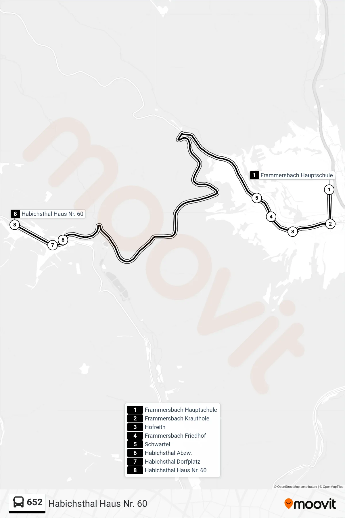 652 bus Line (Habichsthal Haus Nr. 60) route and stops on a map