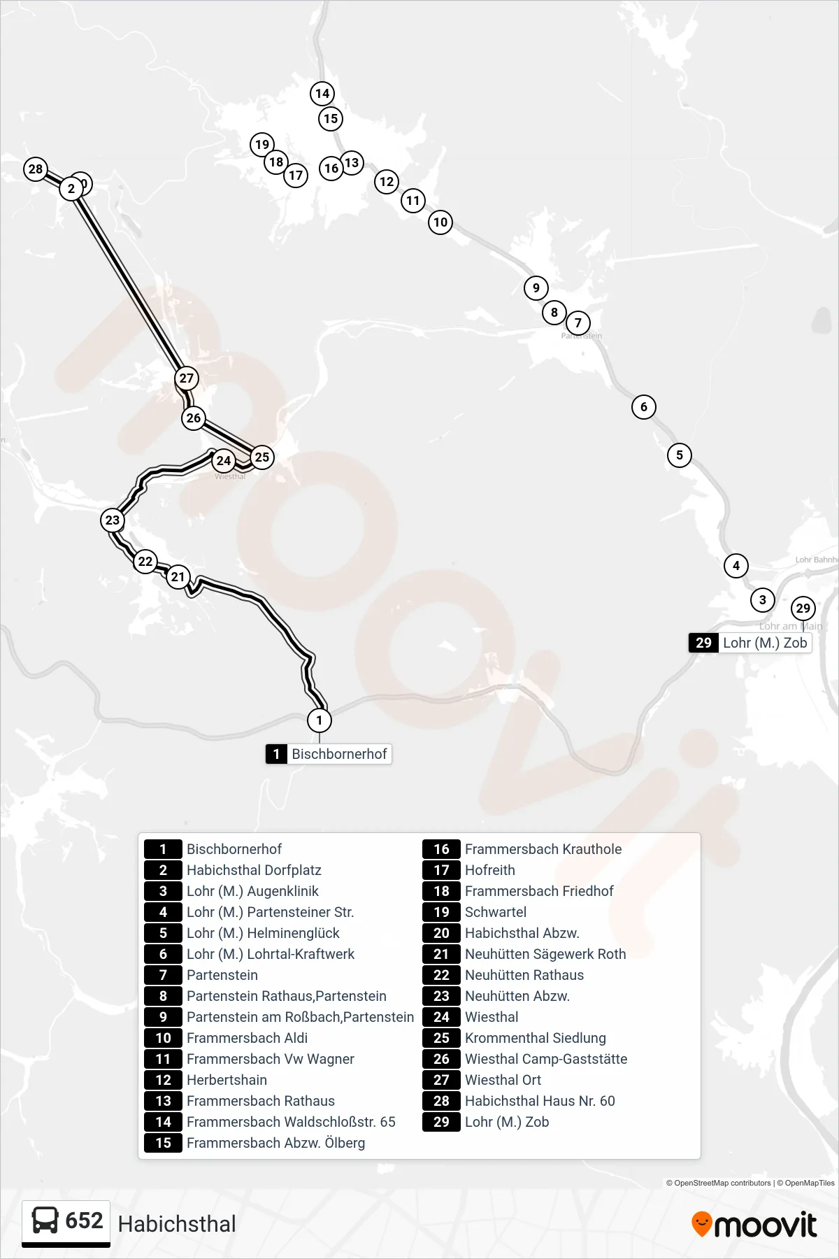 652 bus Line (Habichsthal) route and stops on a map