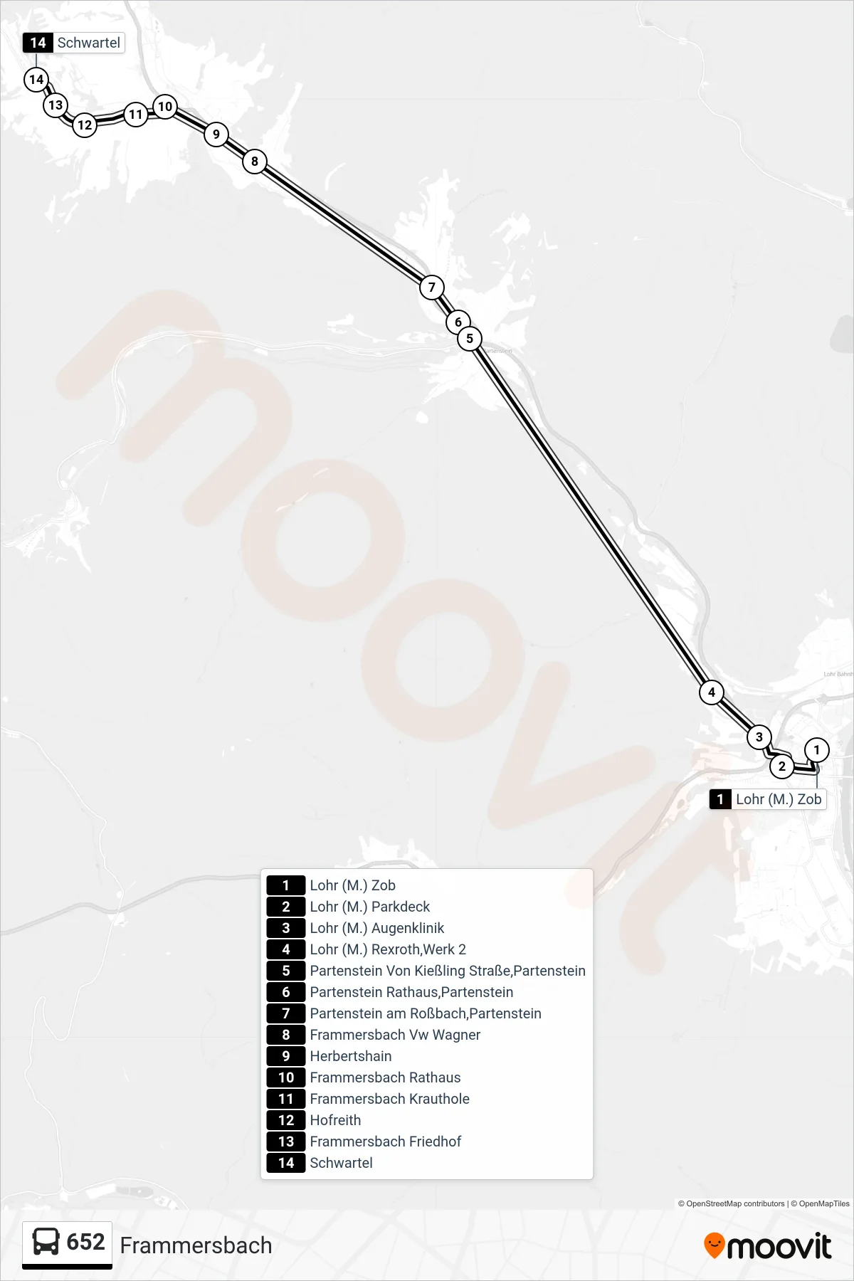 652 bus Line (Frammersbach) route and stops on a map