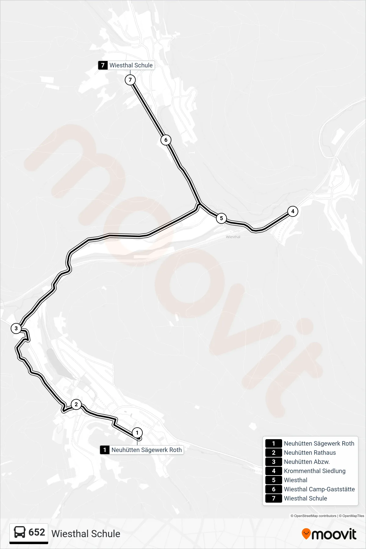 652 bus Line (Wiesthal Schule) route and stops on a map
