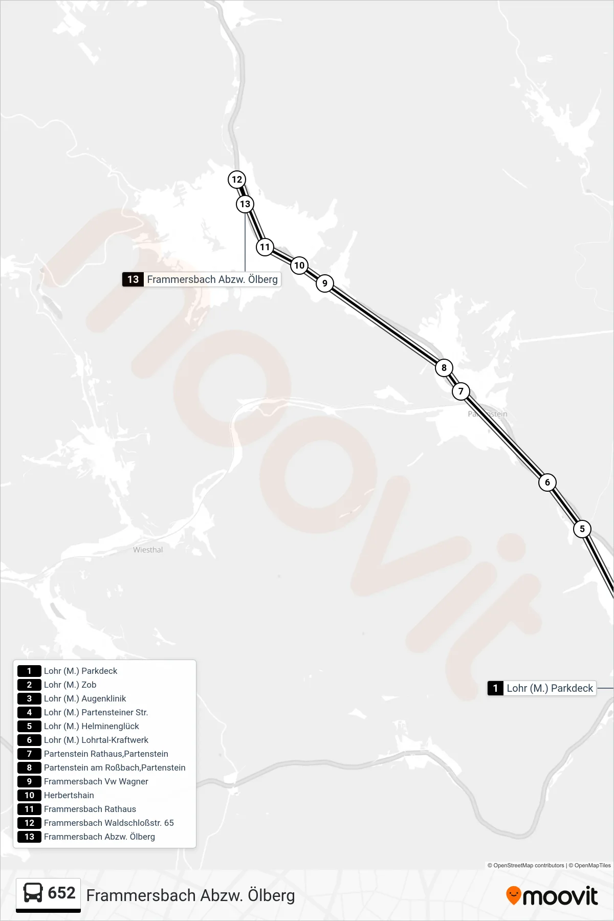 652 bus Line (Frammersbach Abzw. Ölberg) route and stops on a map