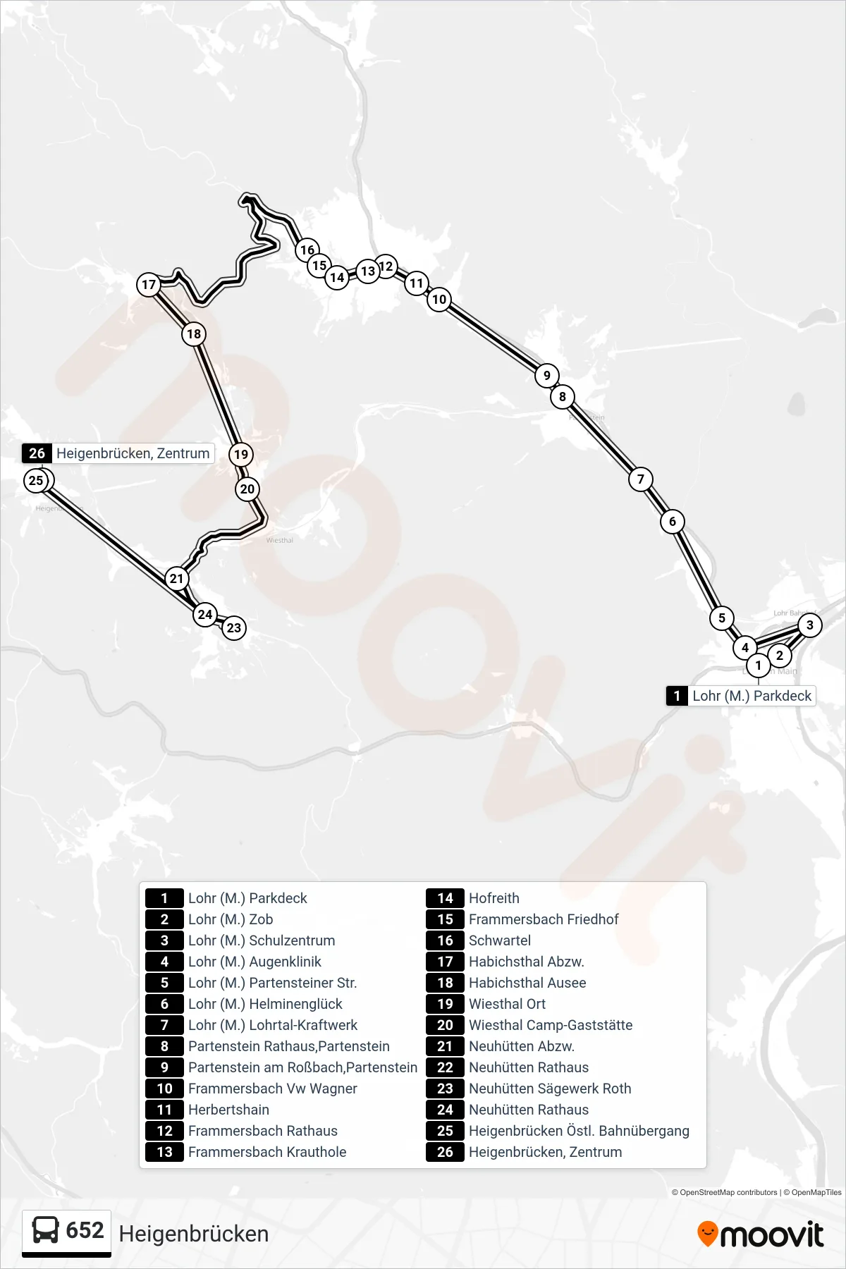 652 bus Line (Heigenbrücken) route and stops on a map