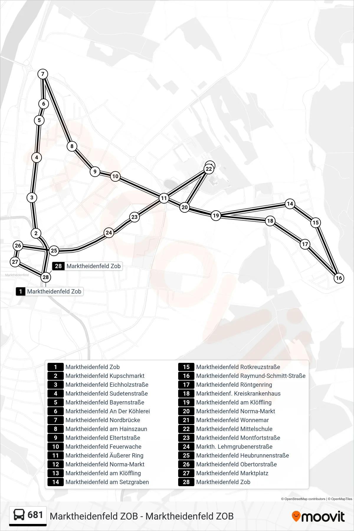 681 bus Line (Stadtbus Nordlinie) route and stops on a map