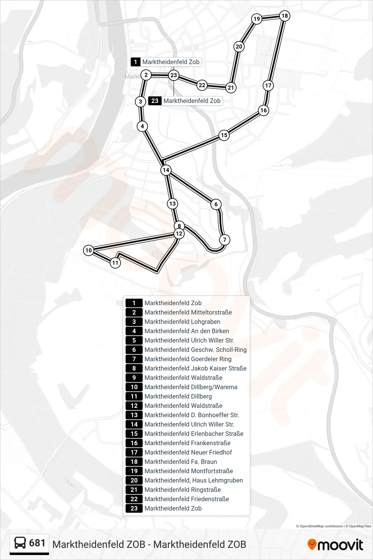 681 bus Line (Stadtbus Südlinie) route and stops on a map