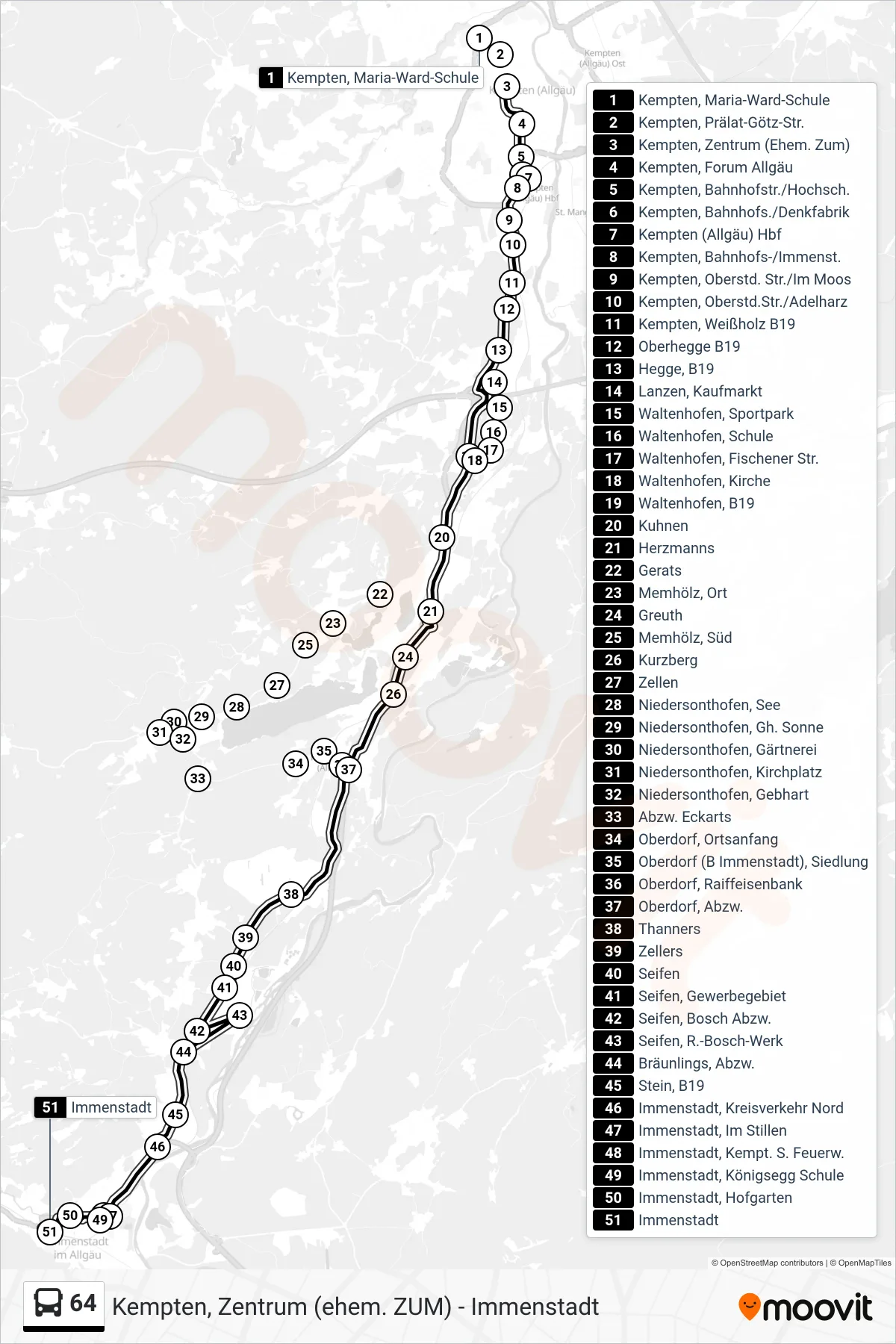 64 bus Line (Immenstadt) route and stops on a map