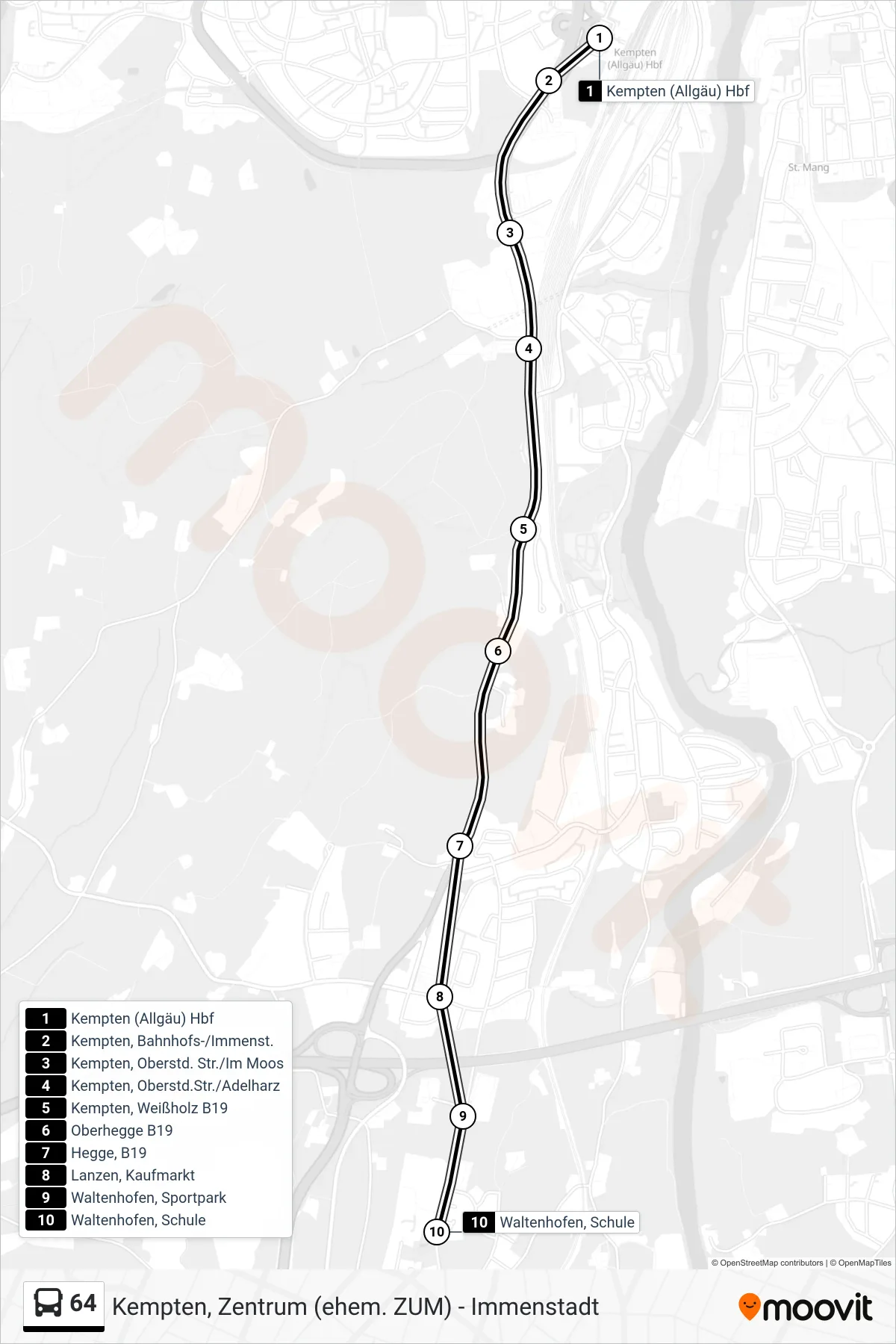 64 bus Line (Kempten Über Waltenhofen) route and stops on a map