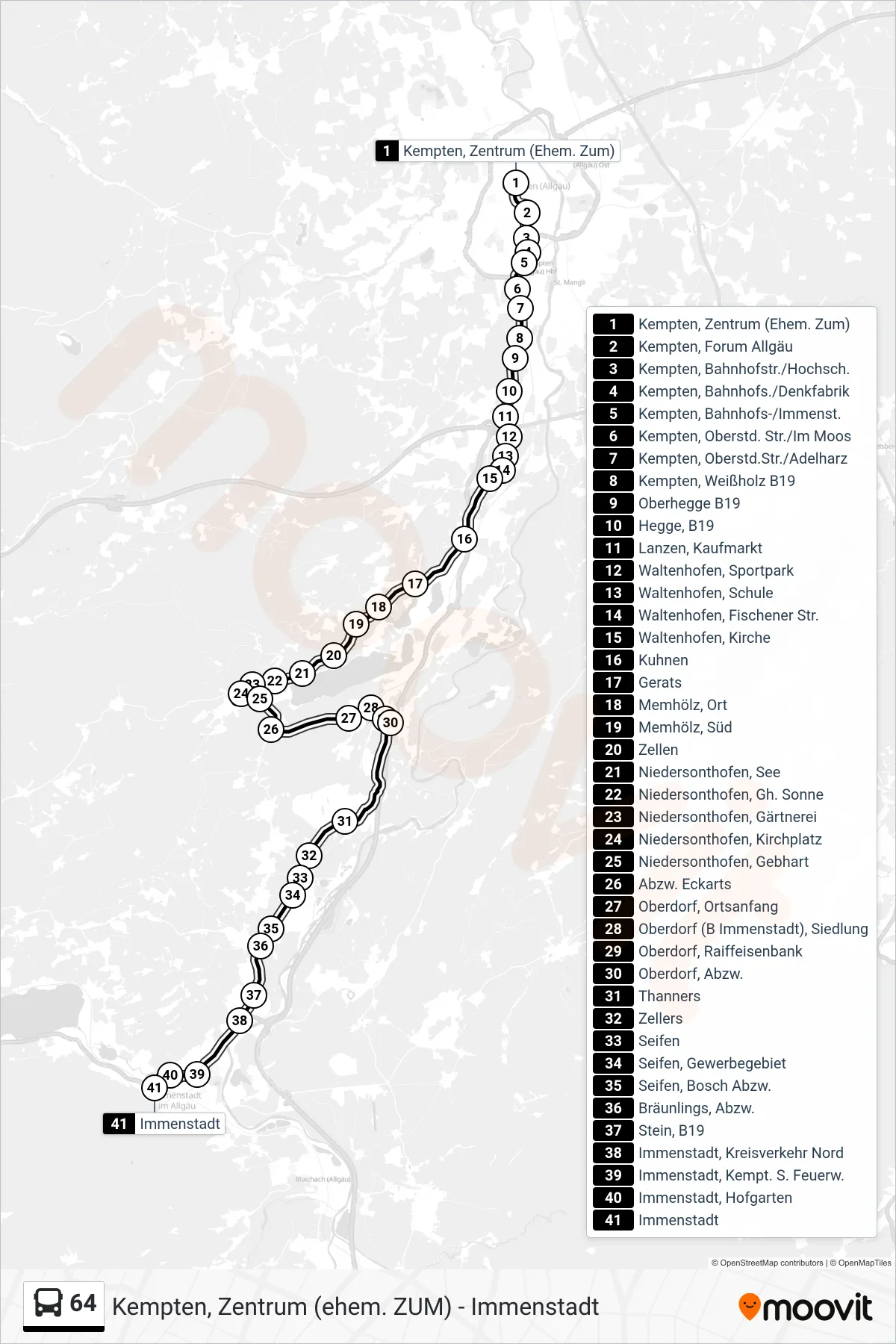 64 bus Line (Immenstadt Über Niedersonthofen) route and stops on a map