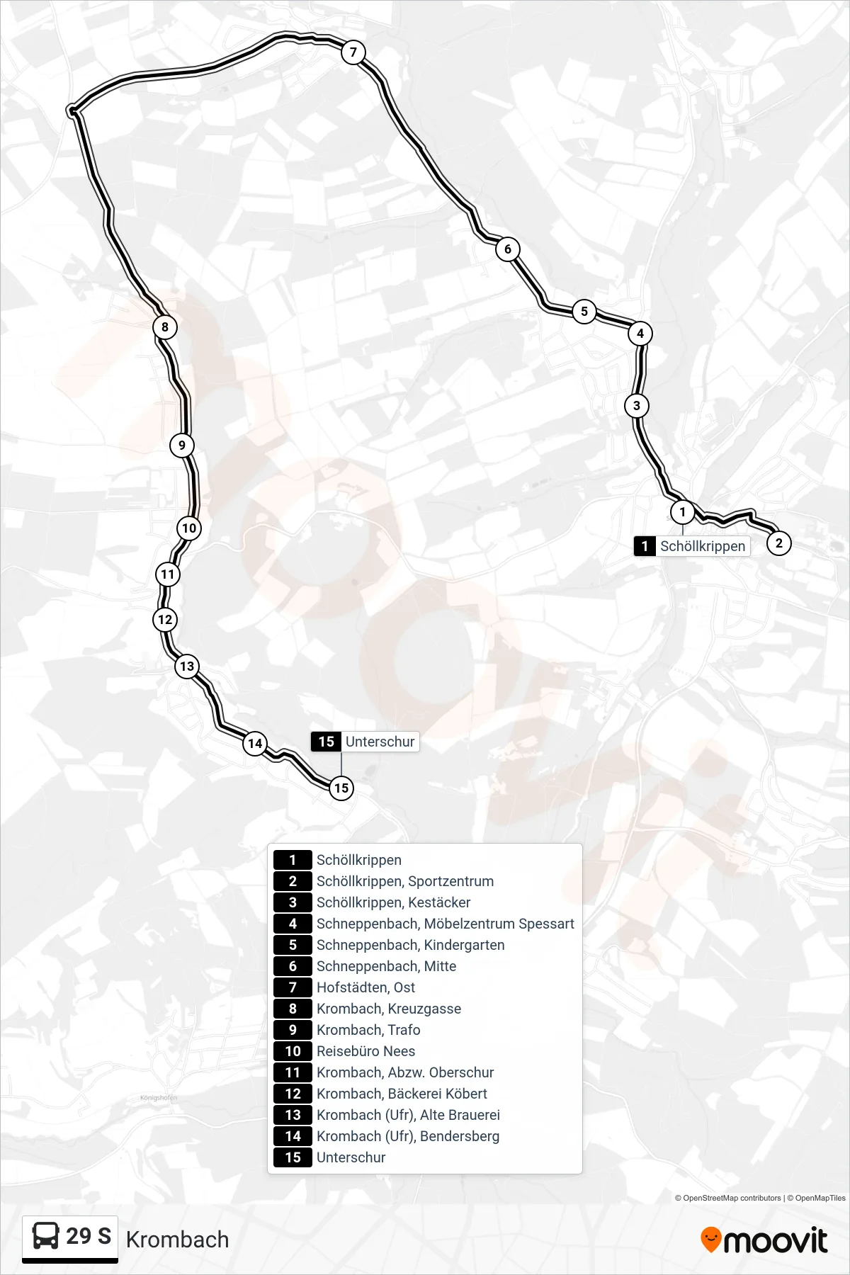 29 S bus Line (Krombach) route and stops on a map