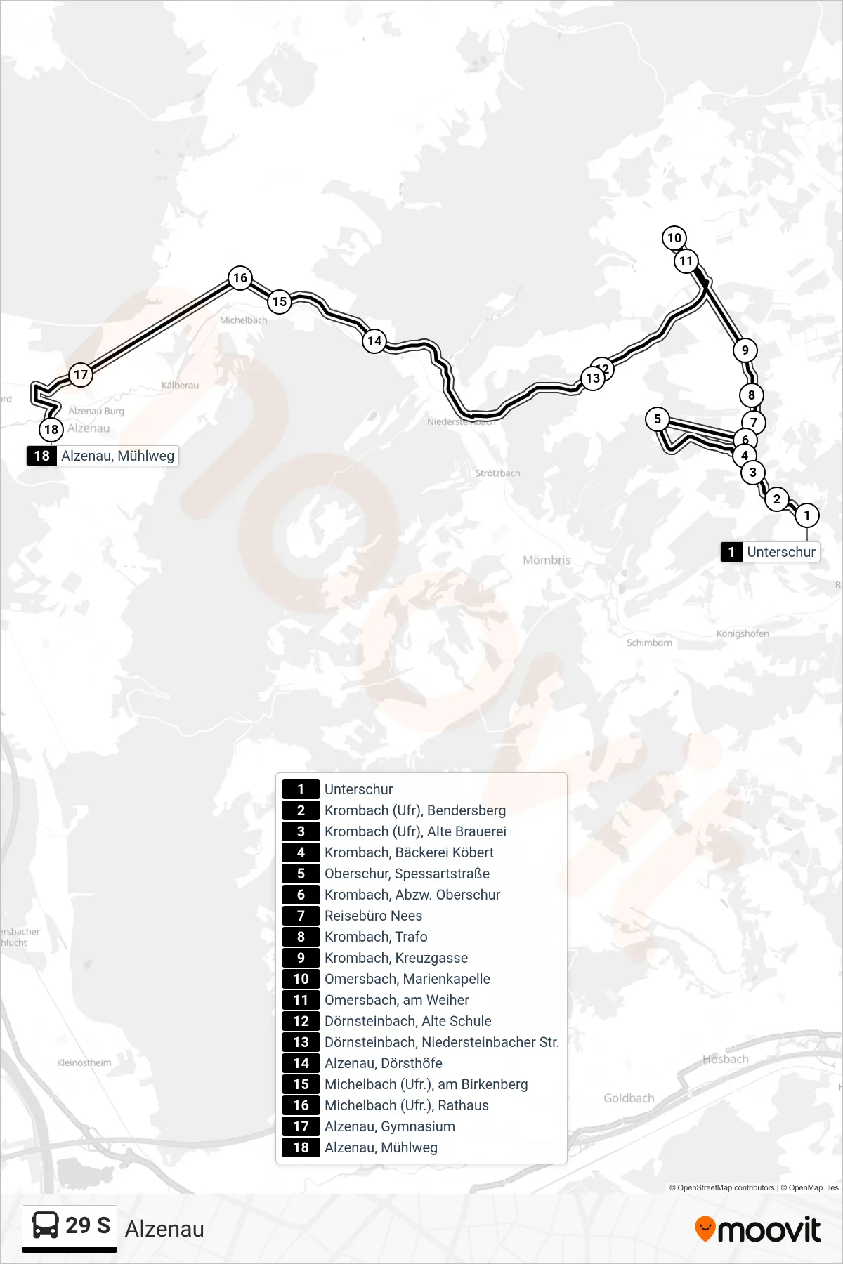 29 S bus Line (Alzenau) route and stops on a map